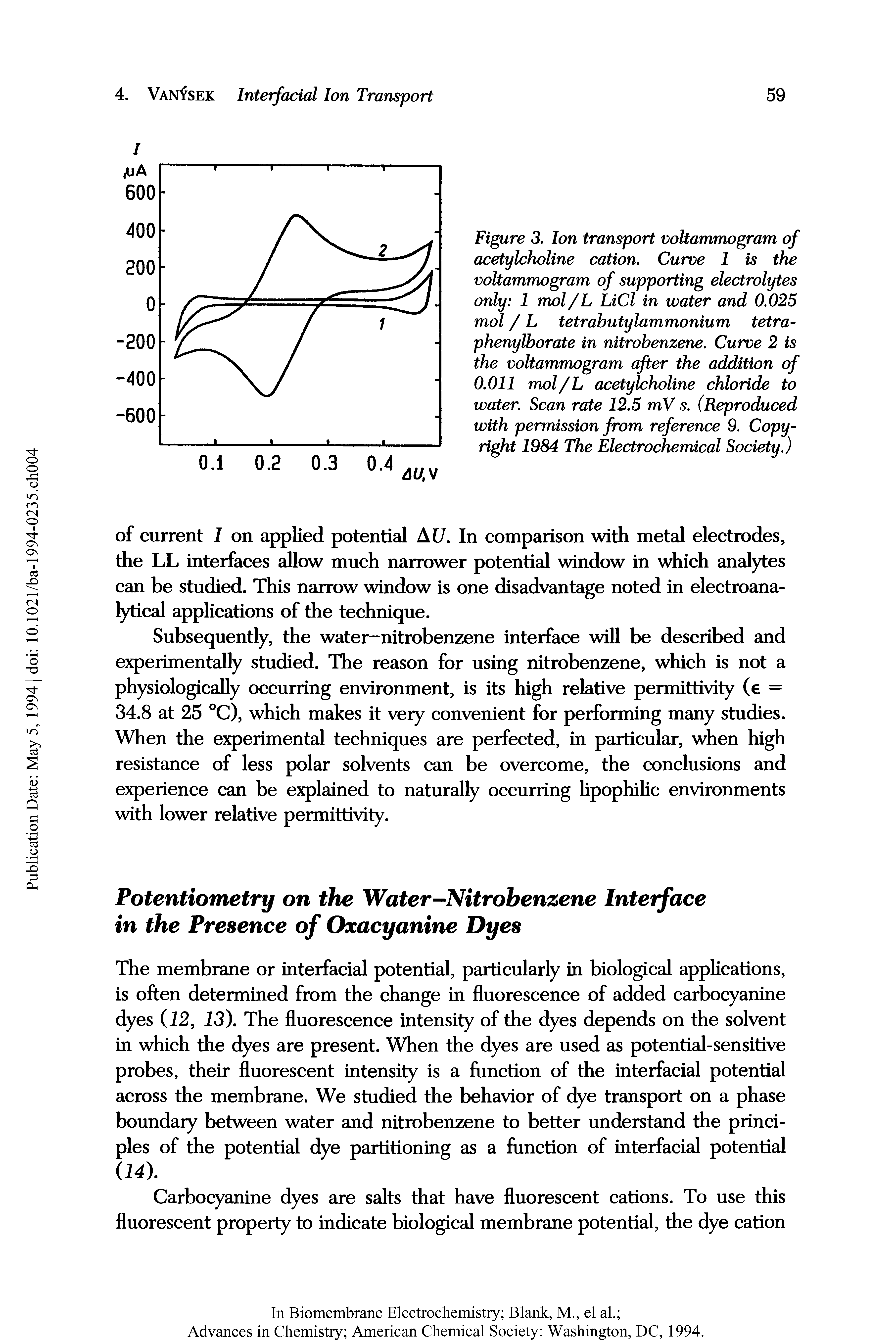 Figure 3. Ion transport voltammogram of acetylcholine cation. Curve 1 is the voltammogram of supporting electrolytes only 1 mol/L LiCl in water and 0.025 mol / L tetrabutylammonium tetra-phenylborate in nitrobenzene. Curve 2 is the voltammogram after the addition of 0.011 mol/L acetylcholine chloride to water. Scan rate 12.5 mV s. (Reproduced with permission from reference 9. Copyright 1984 The Electrochemical Society.)...