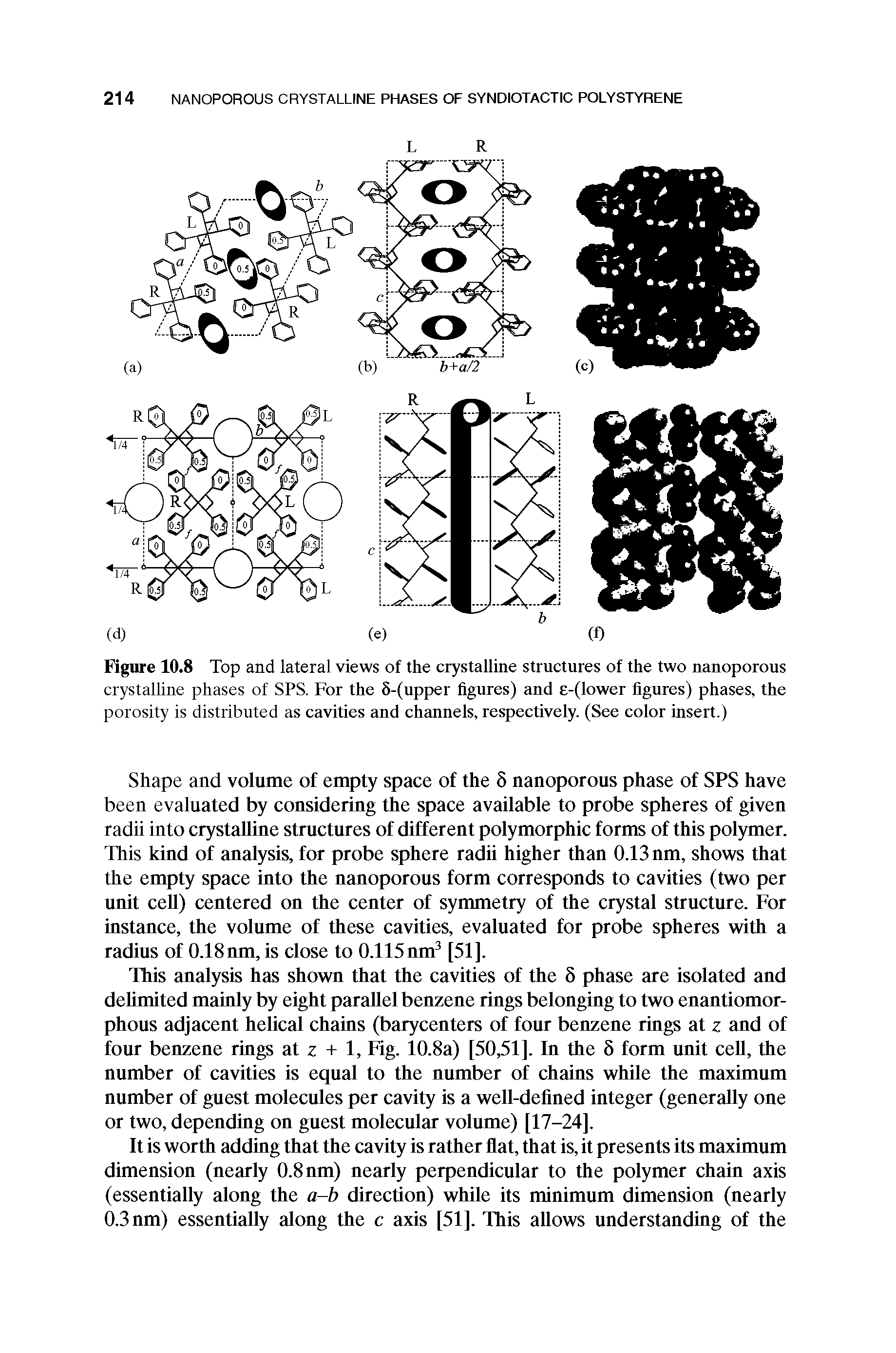 Figure 10.8 Top and lateral views of the crystalline structures of the two nanoporous crystalline phases of SPS. For the 6-(upper figures) and e-(lower figures) phases, the porosity is distributed as cavities and channels, respectively. (See color insert.)...