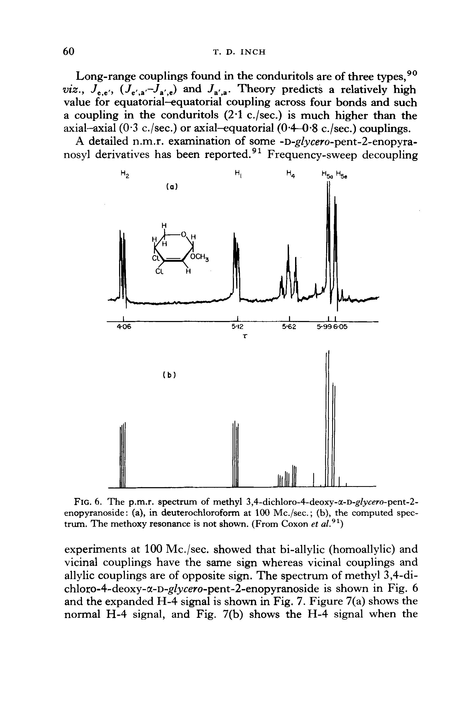 Fig. 6. The p.m.r. spectrum of methyl 3,4-dichloro-4-deoxy-a-D-g/ycero-pent-2-enopyranoside (a), in deuterochloroform at 100 Mc./sec. (b), the computed spectrum. The methoxy resonance is not shown. (From Coxon et...