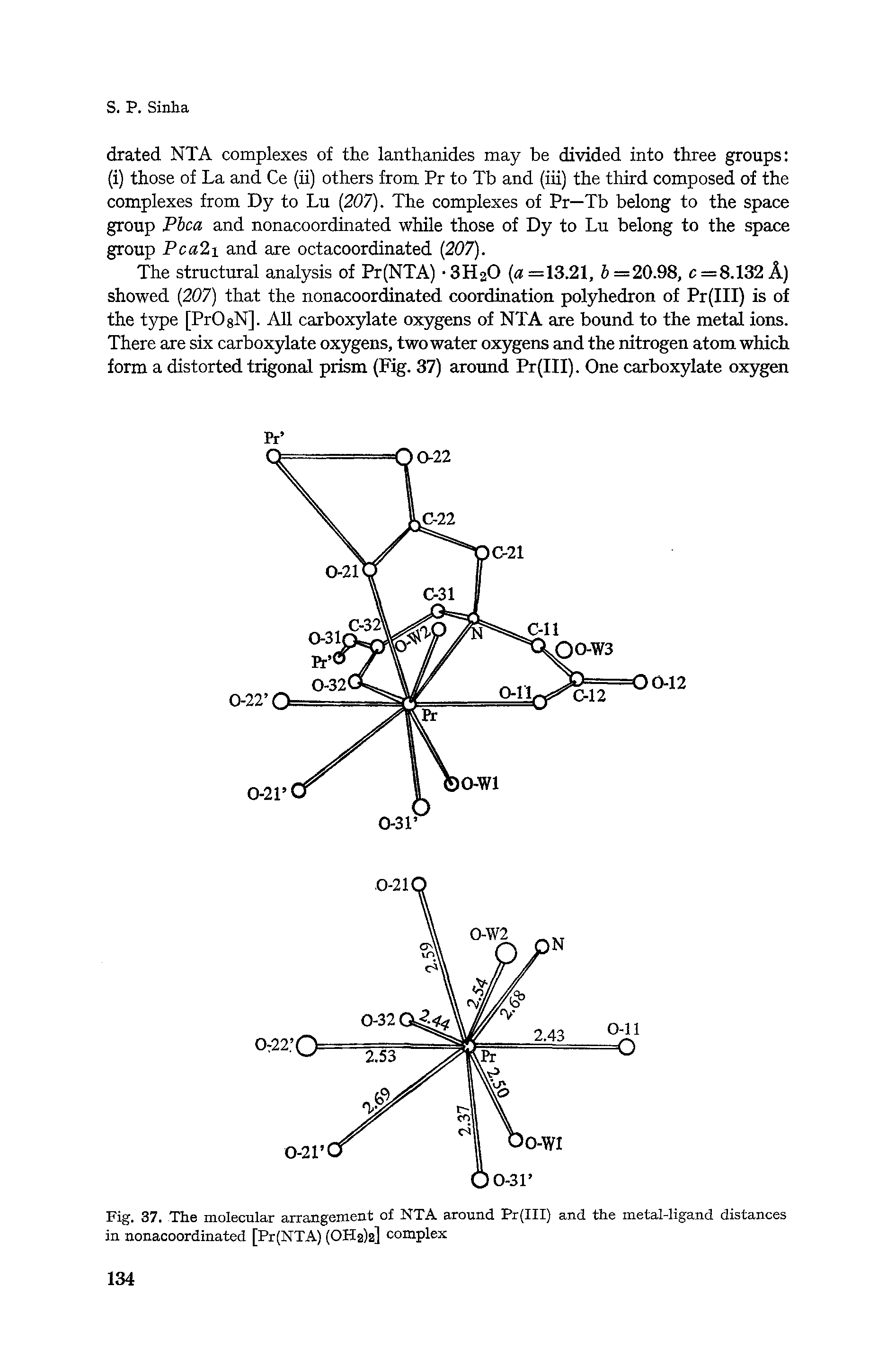 Fig. 37. The molecular arrangement of NTA around Pr(III) and the metal-ligand distances in nonacoordinated [Pr(NTA) (OH2)2] complex...