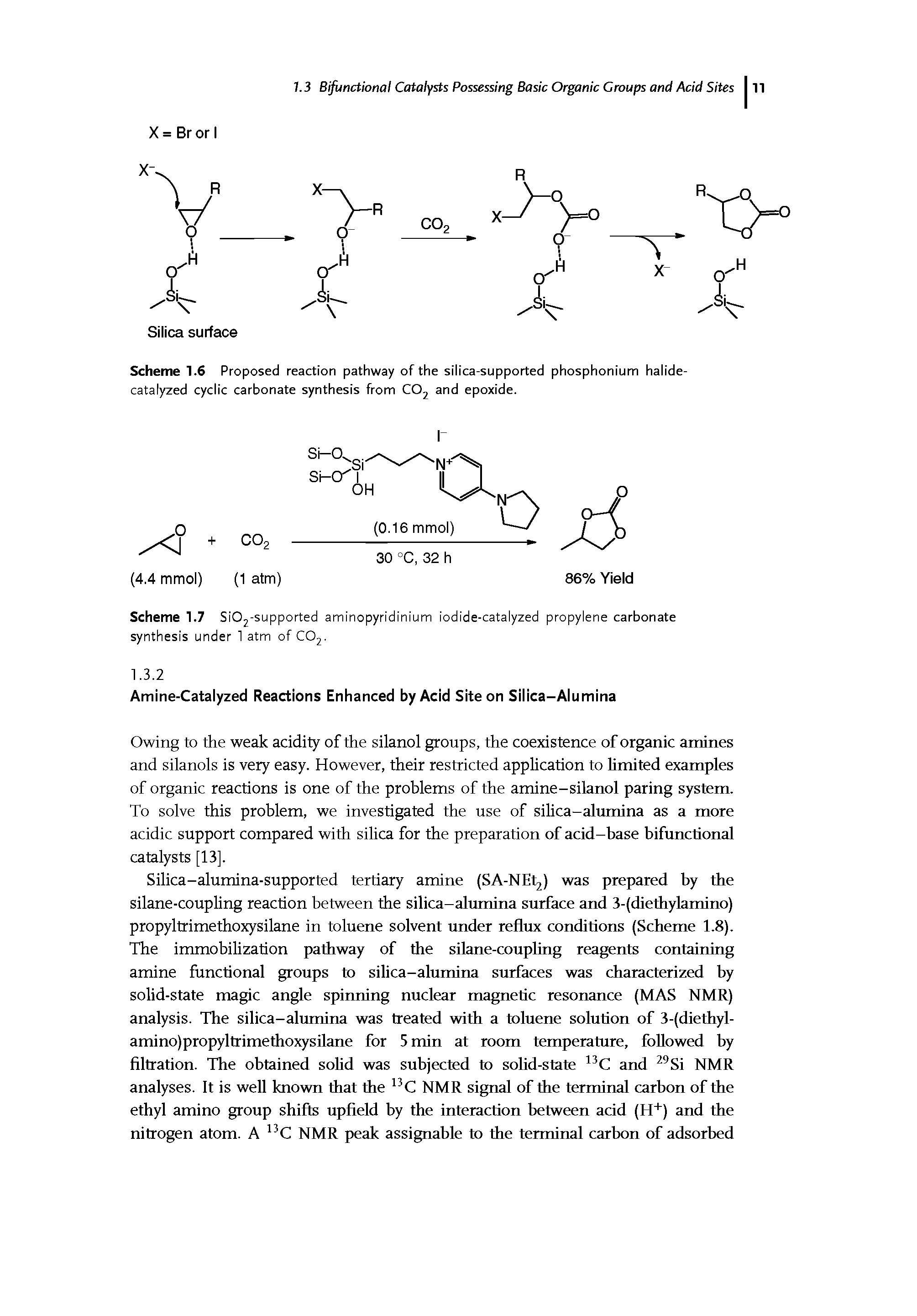 Scheme 1.6 Proposed reaction pathway of the silica-supported phosphonium halide-catalyzed cyclic carbonate synthesis from CO and epoxide.