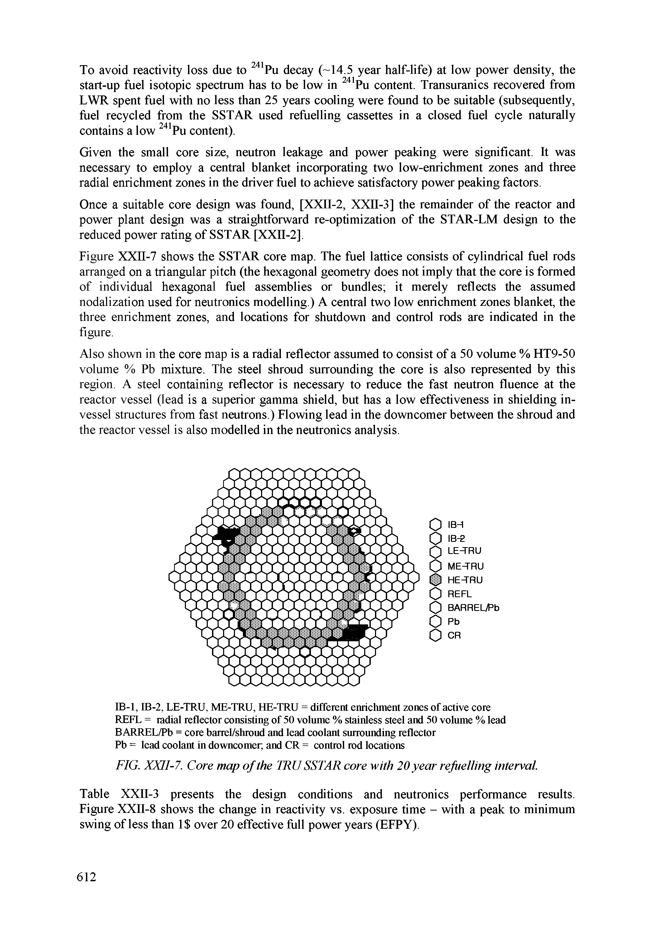 Figure XXII-7 shows the SSTAR core map. The fuel lattice consists of cylindrical fuel rods arranged on a triangular pitch (the hexagonal geometry does not imply that the core is formed of individual hexagonal fuel assemblies or bundles it merely reflects the assumed nodalization used for neutronics modelling.) A central two low enrichment zones blanket, the three enrichment zones, and locations for shutdown and control rods are indicated in the figure.