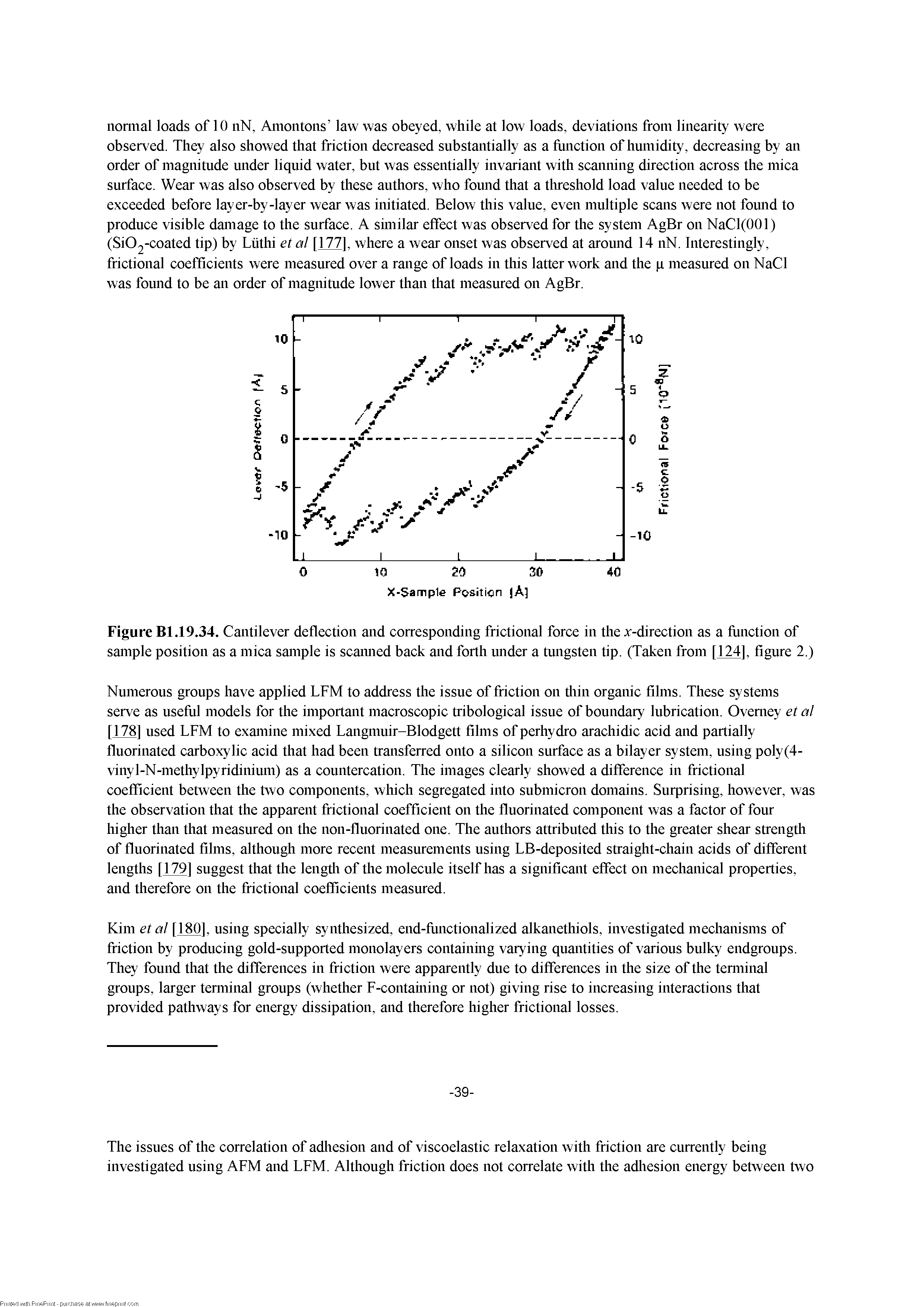 Figure Bl.19.34. Cantilever deflection and corresponding frictional force in the v-direction as a fiinction of sample position as a mica sample is scaimed back and forth under a tungsten tip. (Taken from [124], figure 2.)...