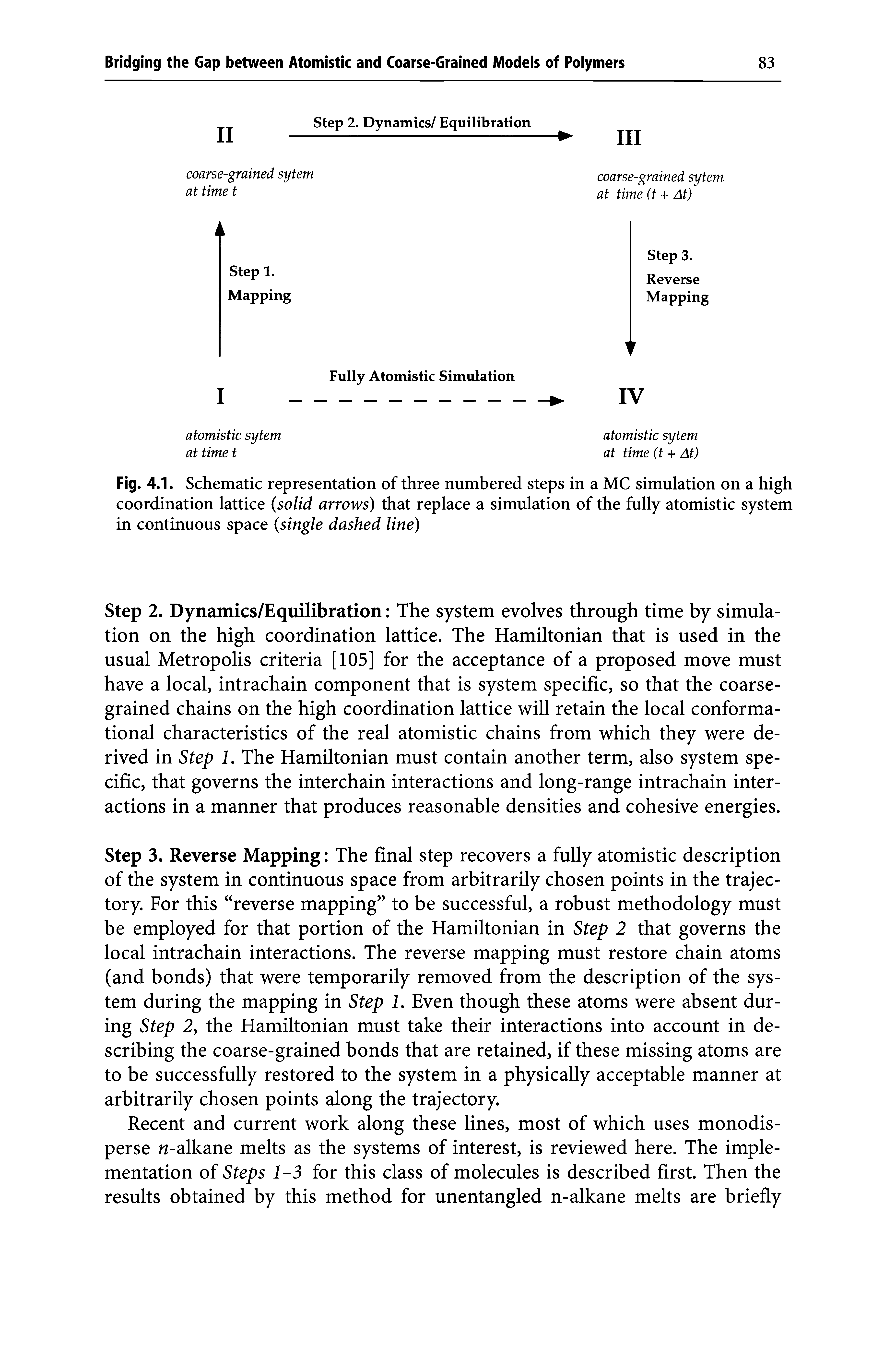 Fig. 4.1. Schematic representation of three numbered steps in a MC simulation on a high coordination lattice (solid arrows) that replace a simulation of the fully atomistic system in continuous space (single dashed line)...