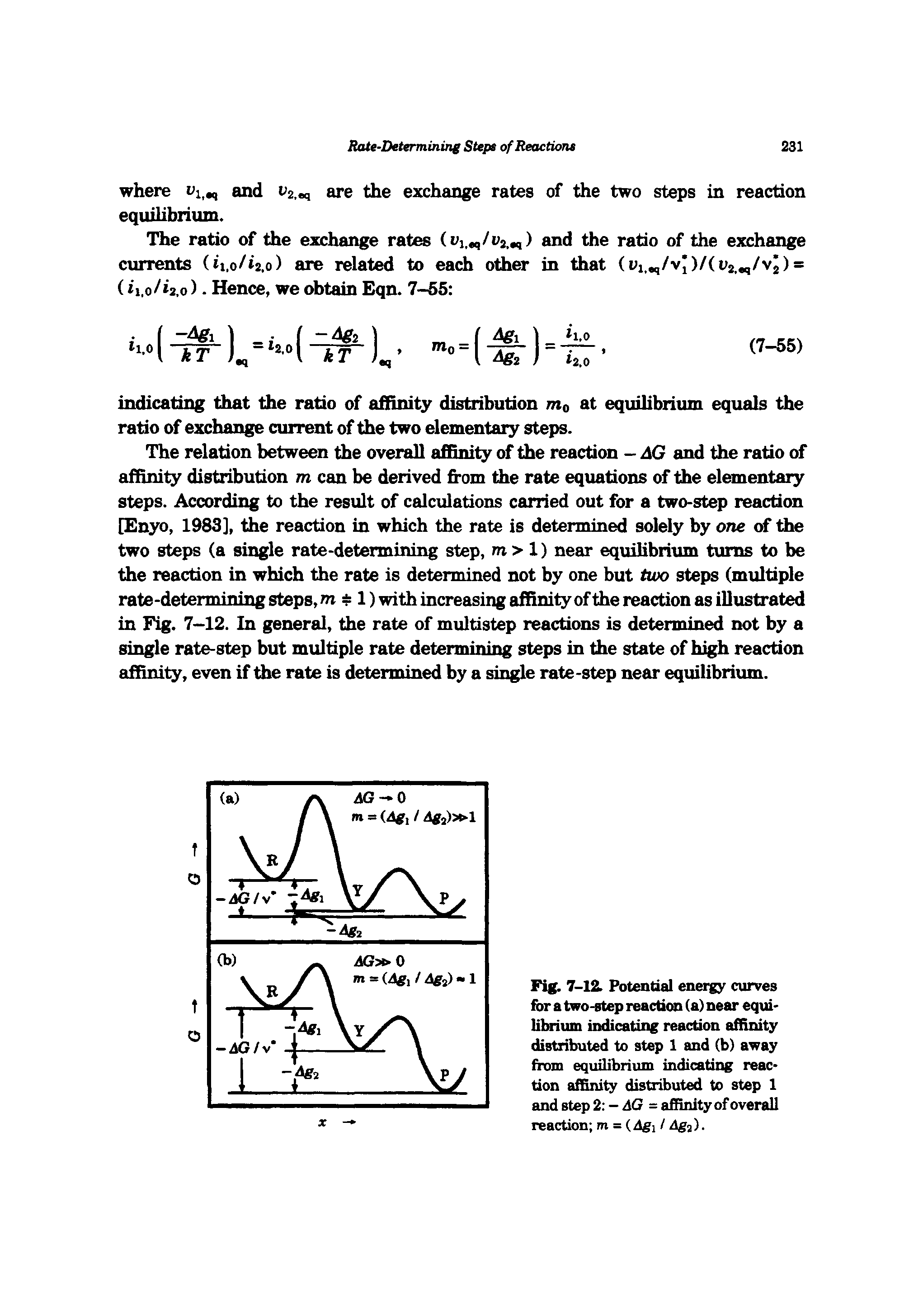 Fig. 7-12. Potential energy curves for a two-step reaction (a) near equilibrium indicating reaction affinity distributed to step 1 and (b) away from equilibrium indicating reaction affinity distributed to step 1 and step 2 - dG = affinity of overall reaction m = (dgi / dgj).