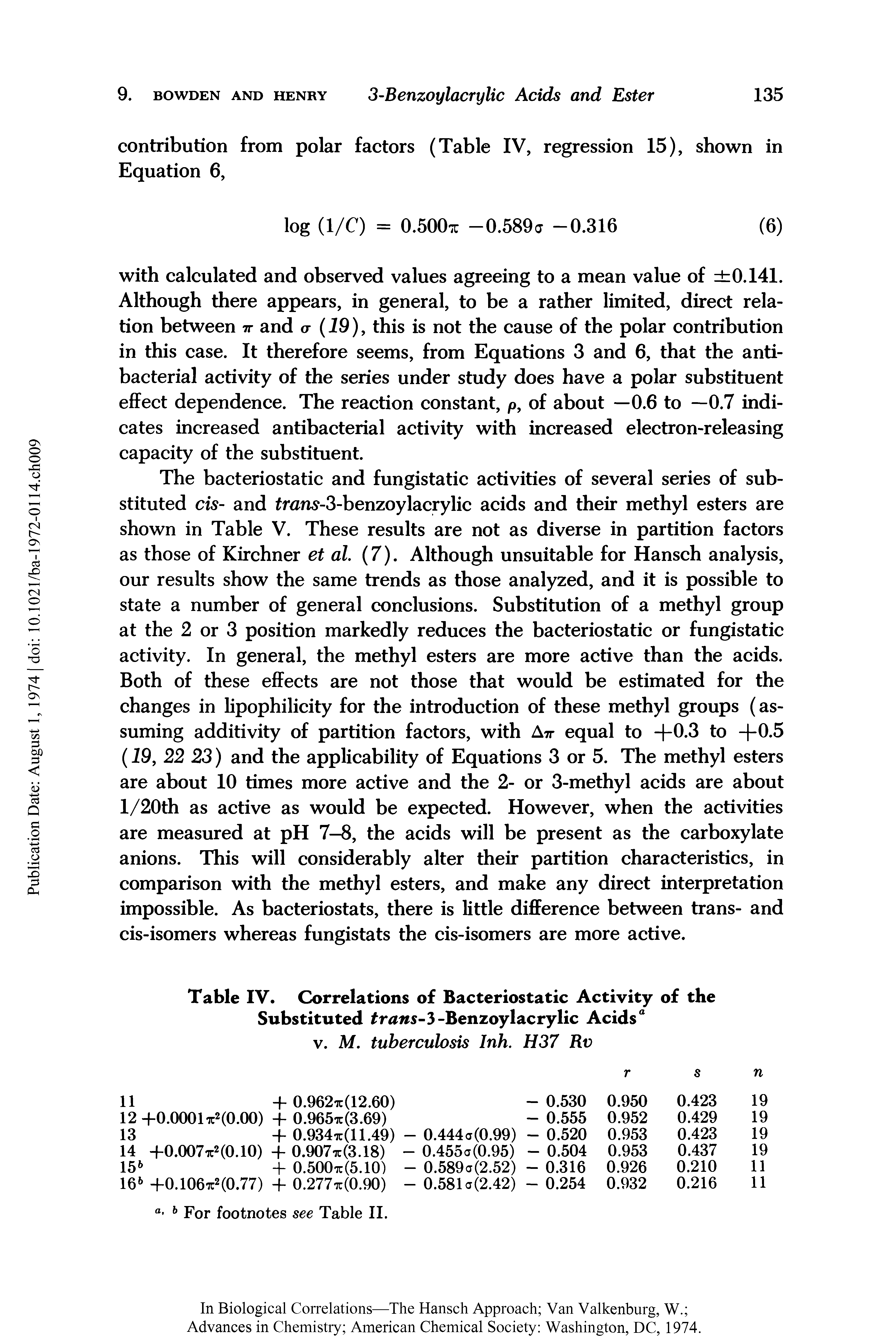 Table IV. Correlations of Bacteriostatic Activity of the Substituted trans-3-Benzoylacrylic Acids"...