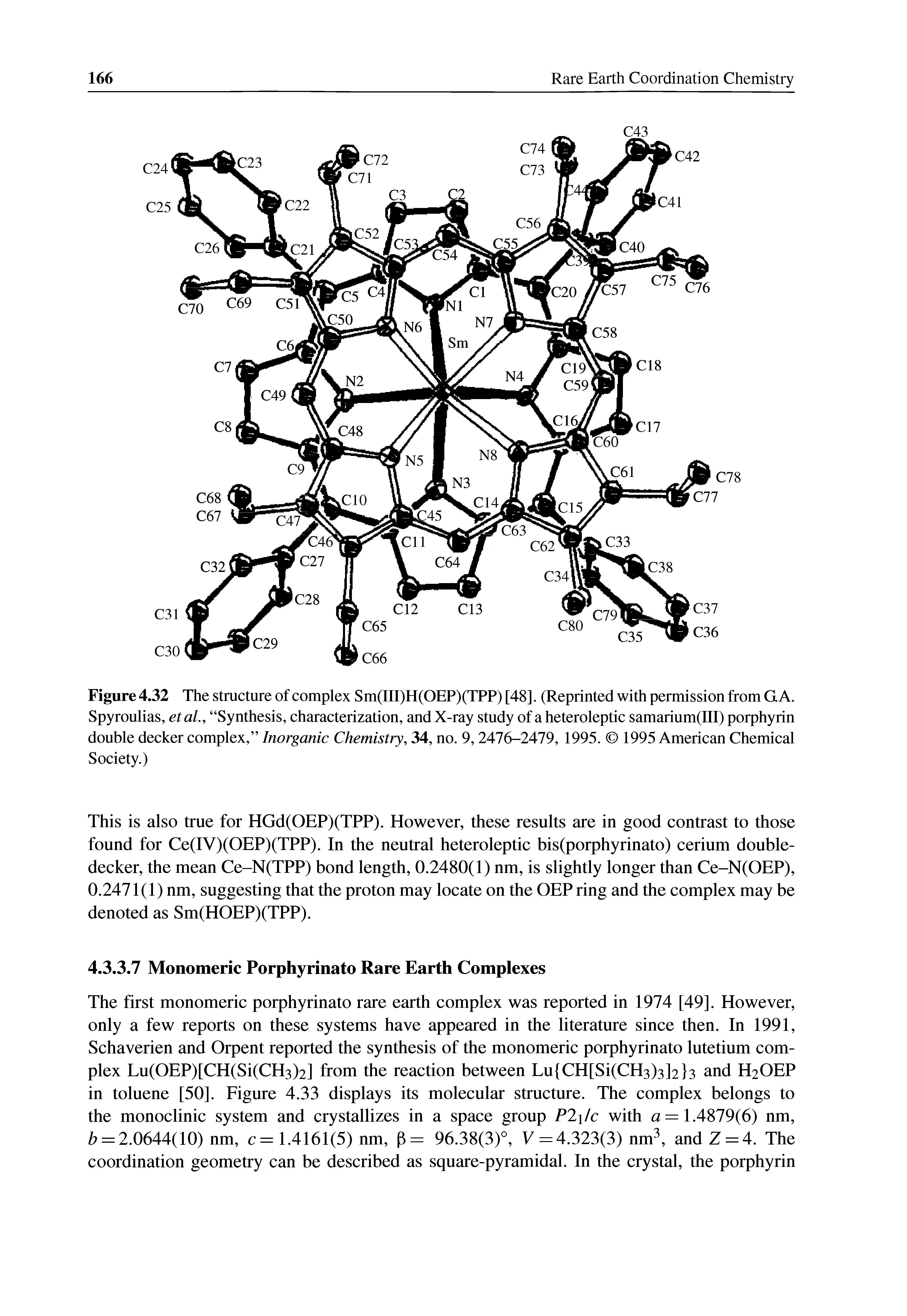 Figure 4.32 The structure of complex Sm(III)H(OEP)(TPP) [48]. (Reprinted with permission from G. A. Spyroulias, etah, Synthesis, characterization, and X-ray study of a heteroleptic samarium(III) porphyrin double decker complex, Inorganic Chemistry, 34, no. 9,2476-2479, 1995. 1995 American Chemical Society.)...