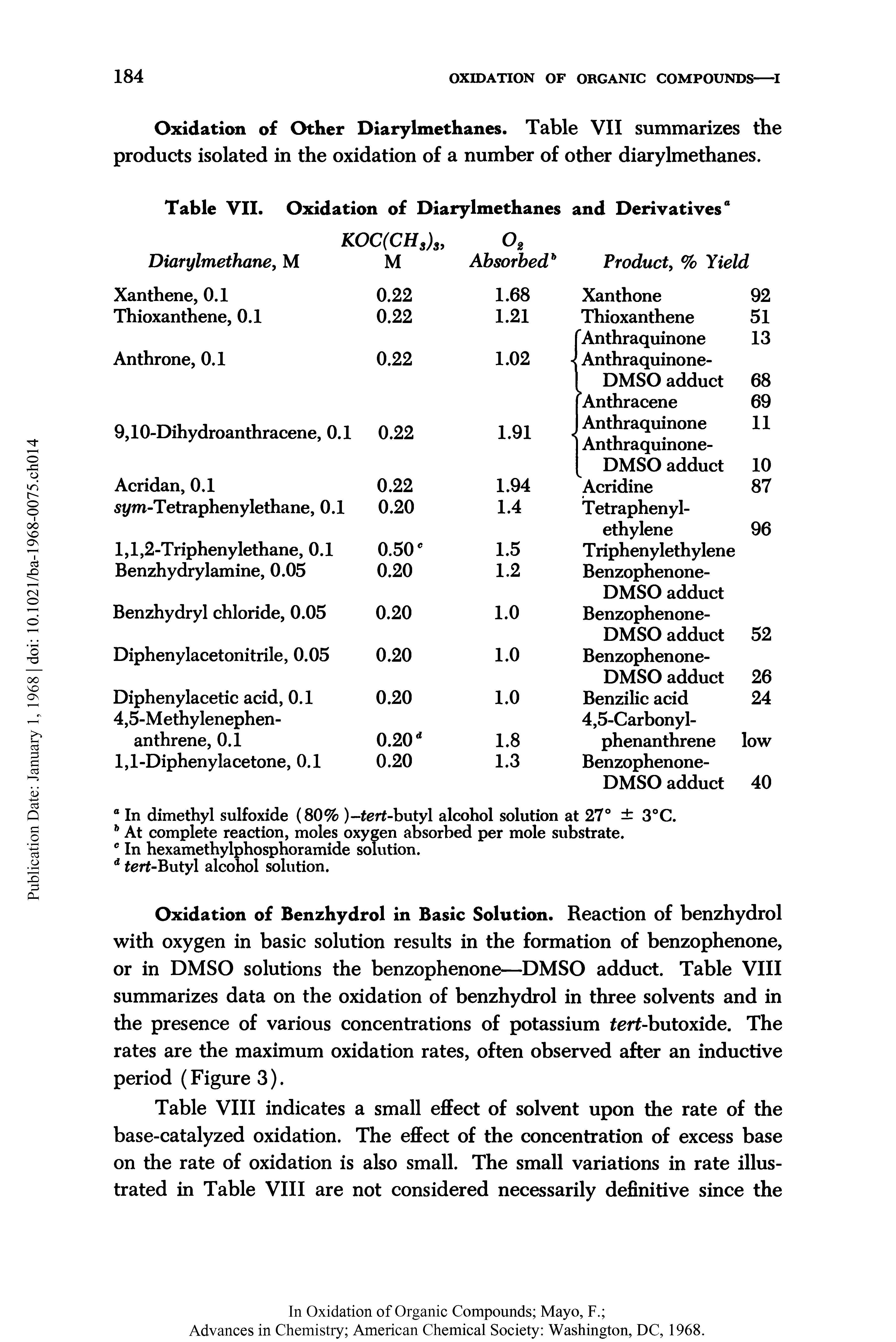 Table VIII indicates a small effect of solvent upon the rate of the base-catalyzed oxidation. The effect of the concentration of excess base on the rate of oxidation is also small. The small variations in rate illustrated in Table VIII are not considered necessarily definitive since the...