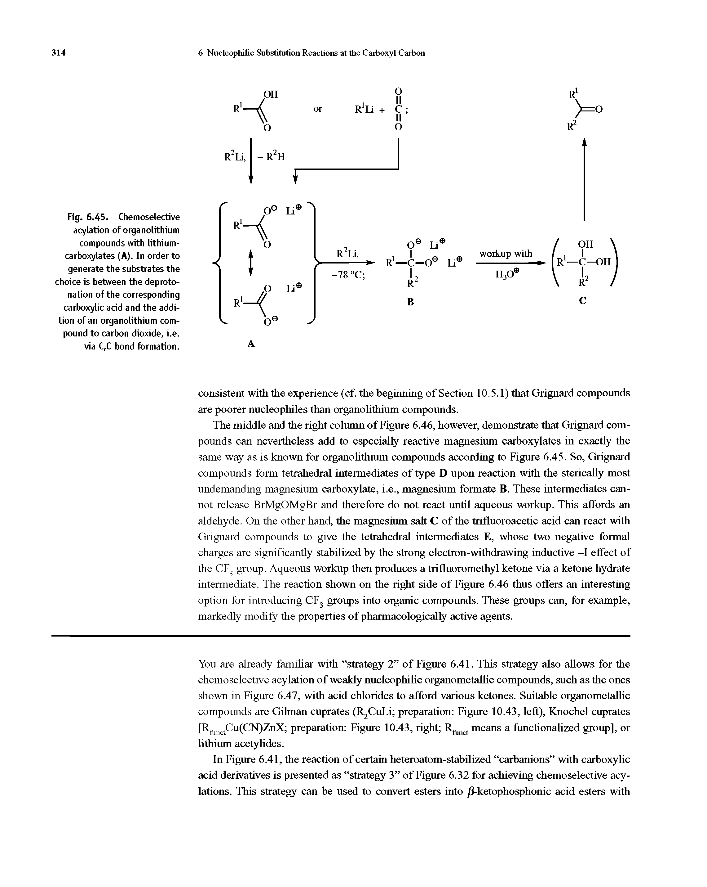 Fig. 6.45. Chemoselective acylation of organolithium compounds with lithium-carboxylates (A). In order to generate the substrates the choice is between the deprotonation of the corresponding carboxylic acid and the addition of an organolithium compound to carbon dioxide, i.e. via C,C bond formation.