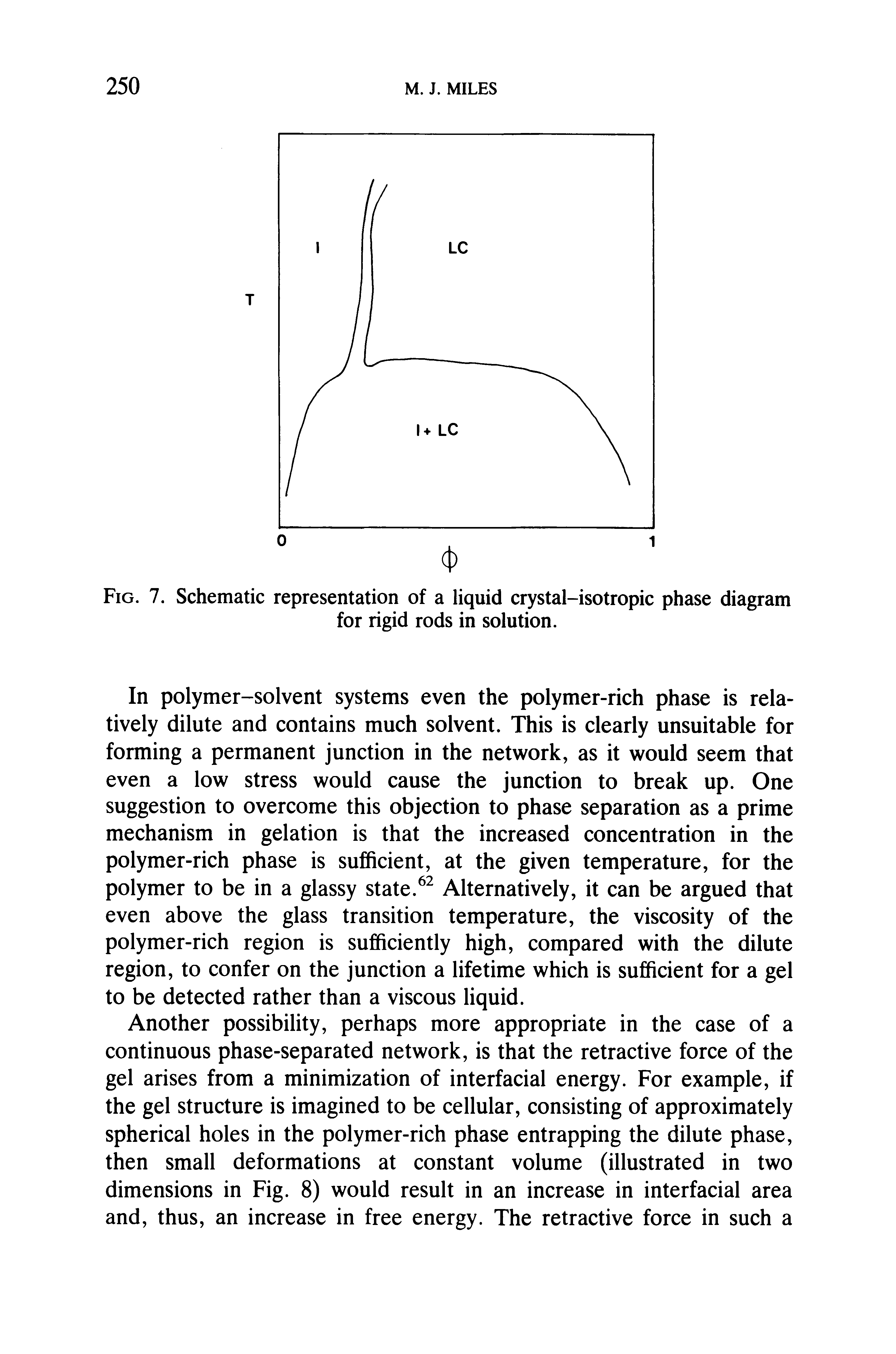 Fig. 7. Schematic representation of a liquid crystal-isotropic phase diagram for rigid rods in solution.