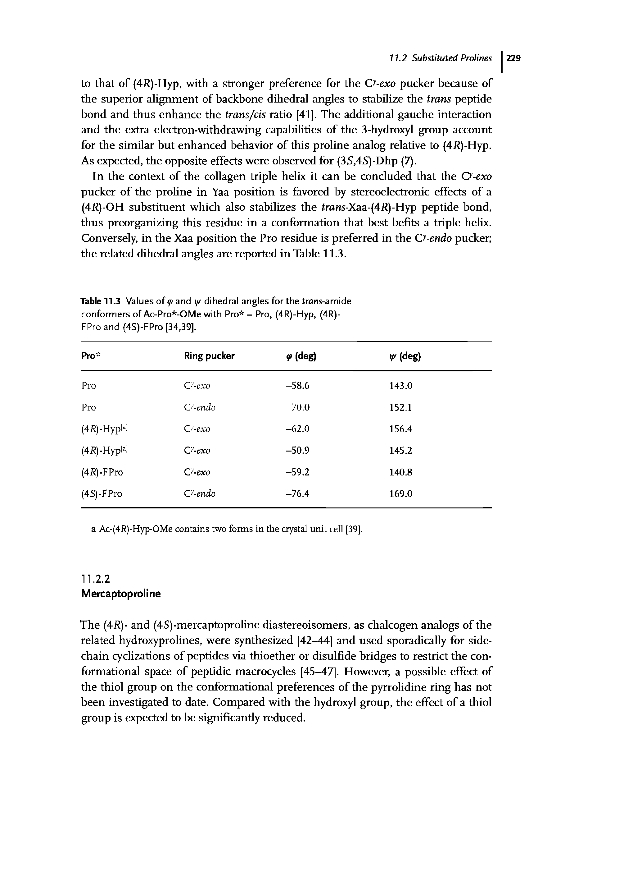 Table 11.3 Values of <j> and (// dihedral angles for the trans-amide conformers of Ac-Pro -OMe with Pro = Pro, (4R)-Hyp, (4R)-FPro and (4S)-FPro [34,39],...