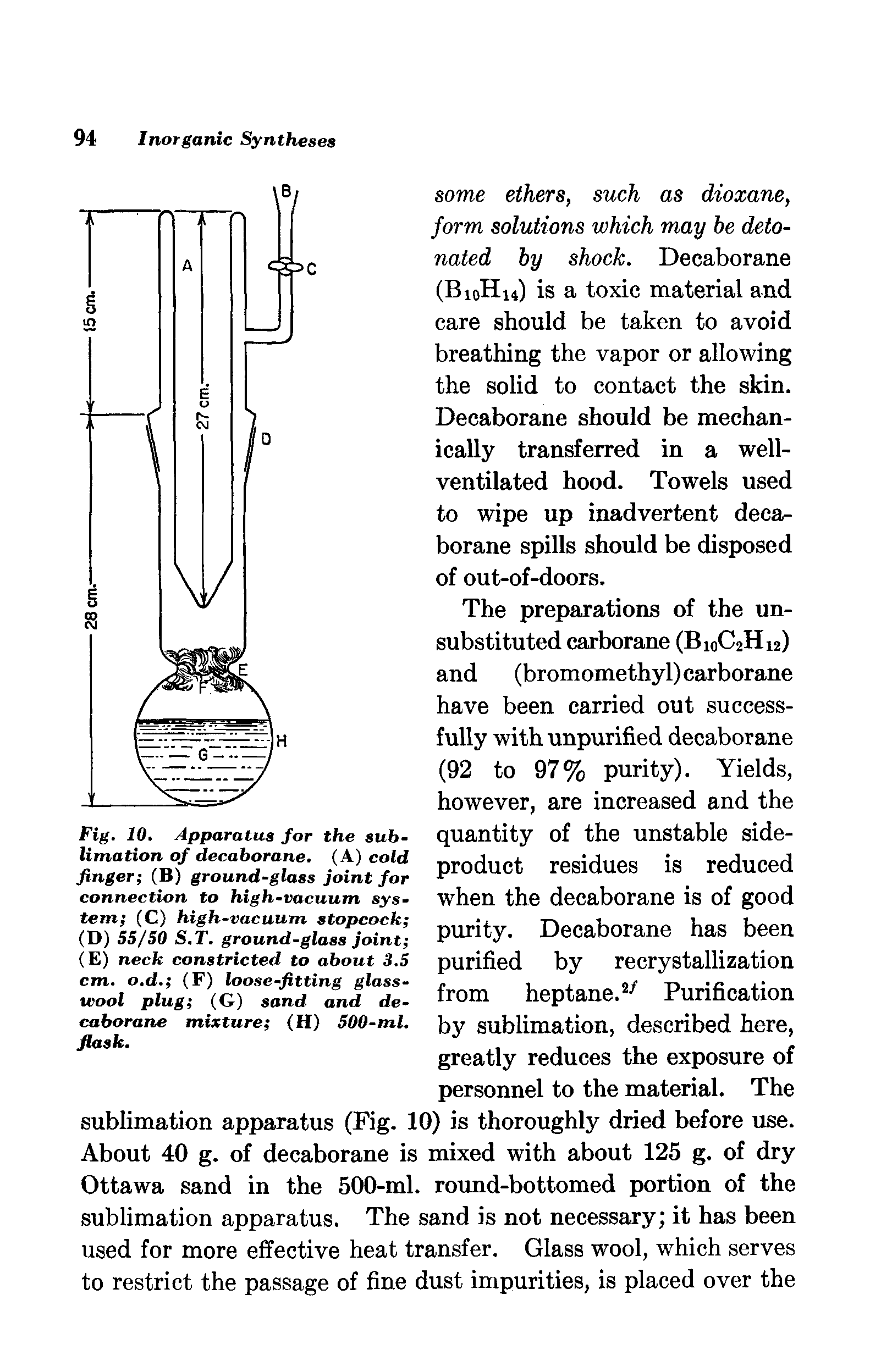 Fig. 10. Apparatus for the sublimation of decaborane. (A) cold finger (B) ground-glass joint for connection to high-vacuum system (C) high-vacuum stopcock ...