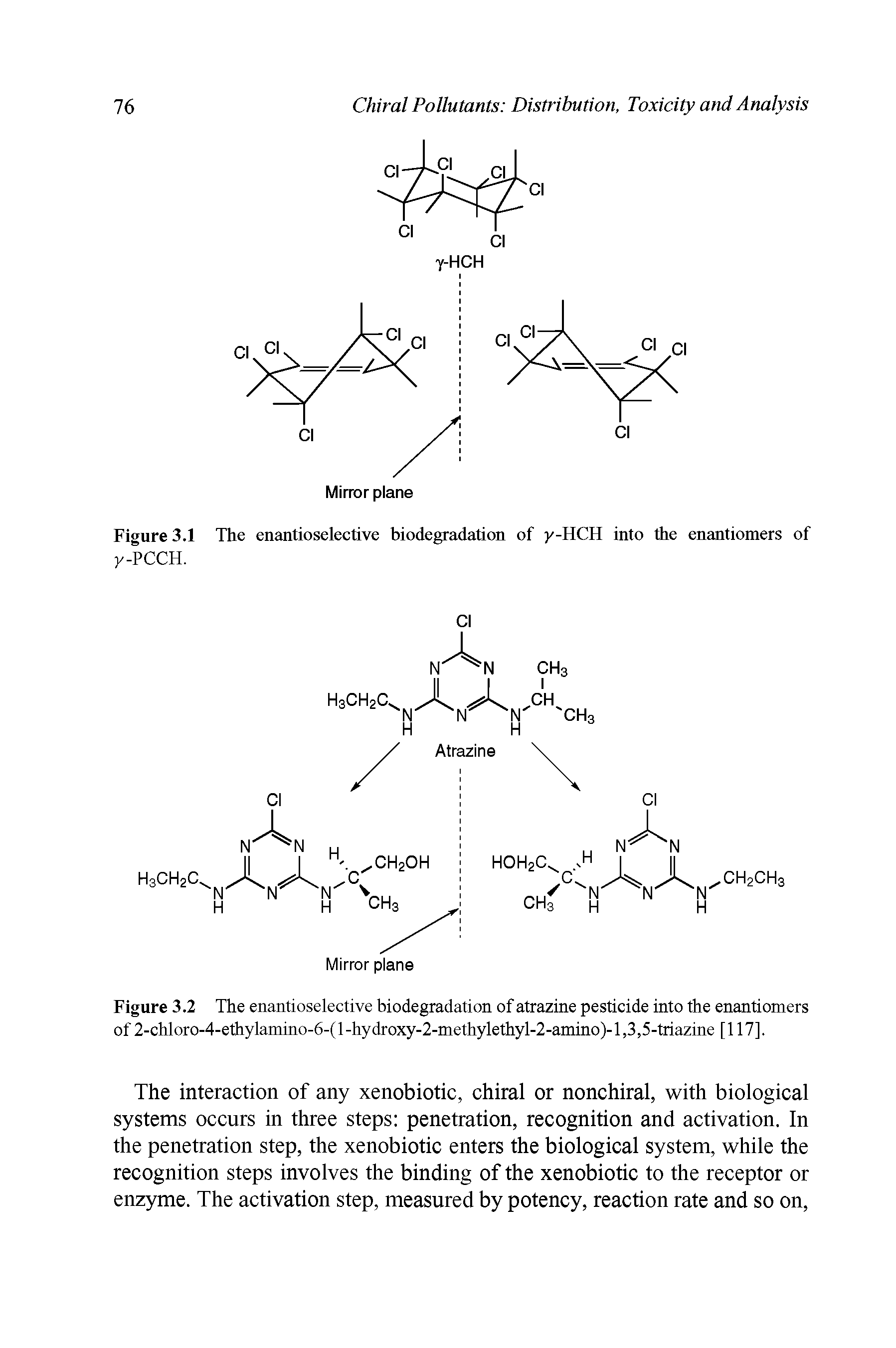 Figure 3.2 The enantioselective biodegradation of atrazine pesticide into the enantiomers of 2-chloro-4-ethylamino-6-(l-hydroxy-2-methylethyl-2-amino)-l,3,5-triazine [117].