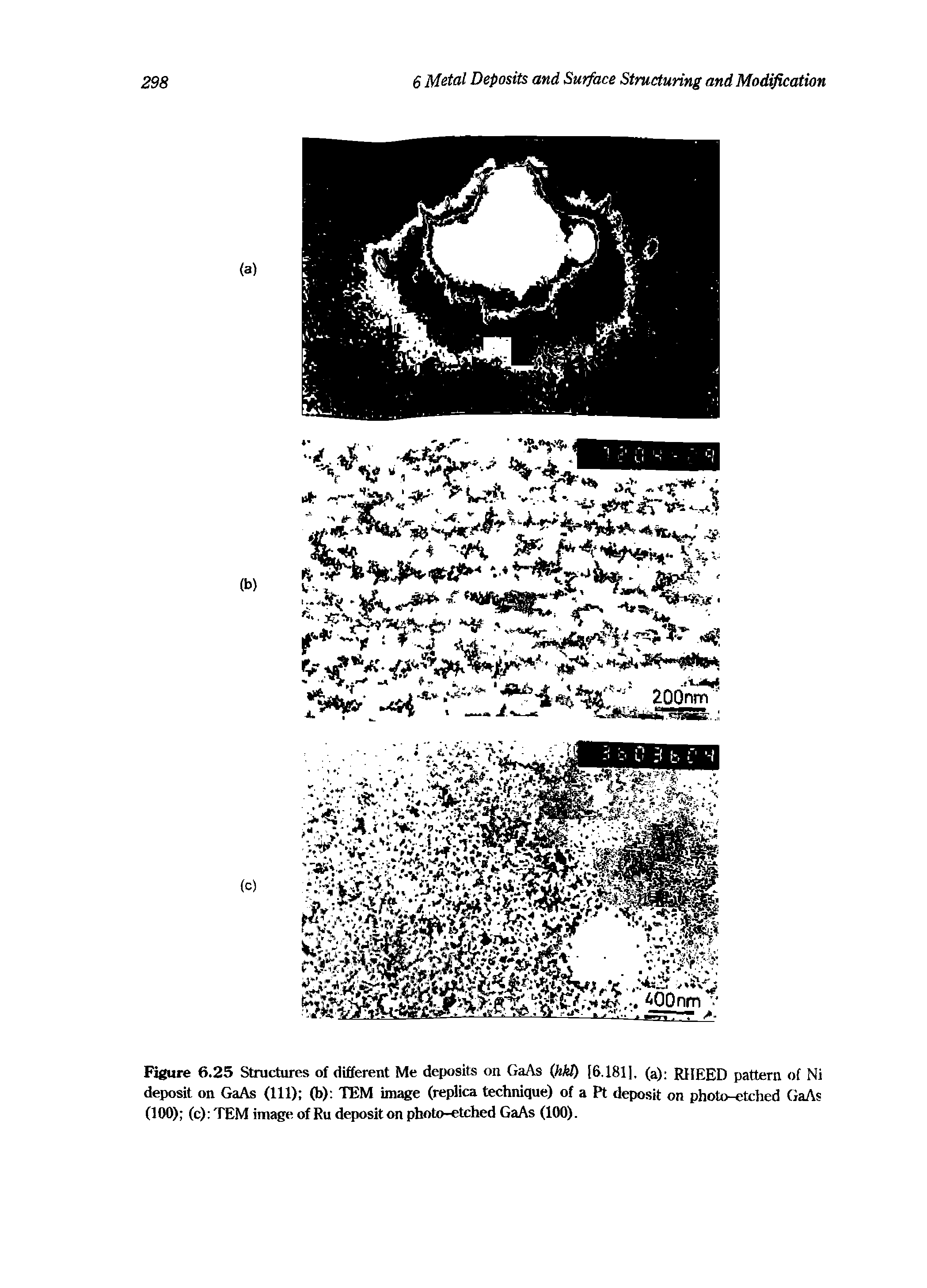 Figure 6.25 Structures of different Me deposits on GaAs (hk ) [6.181], (a) RHEED pattern of Ni deposit on GaAs (111) (b) TEM image (replica technique) of a Pt deposit on photo-etched GaAs (100) (c) TEM image of Ru deposit on photo-etched GaAs (100).