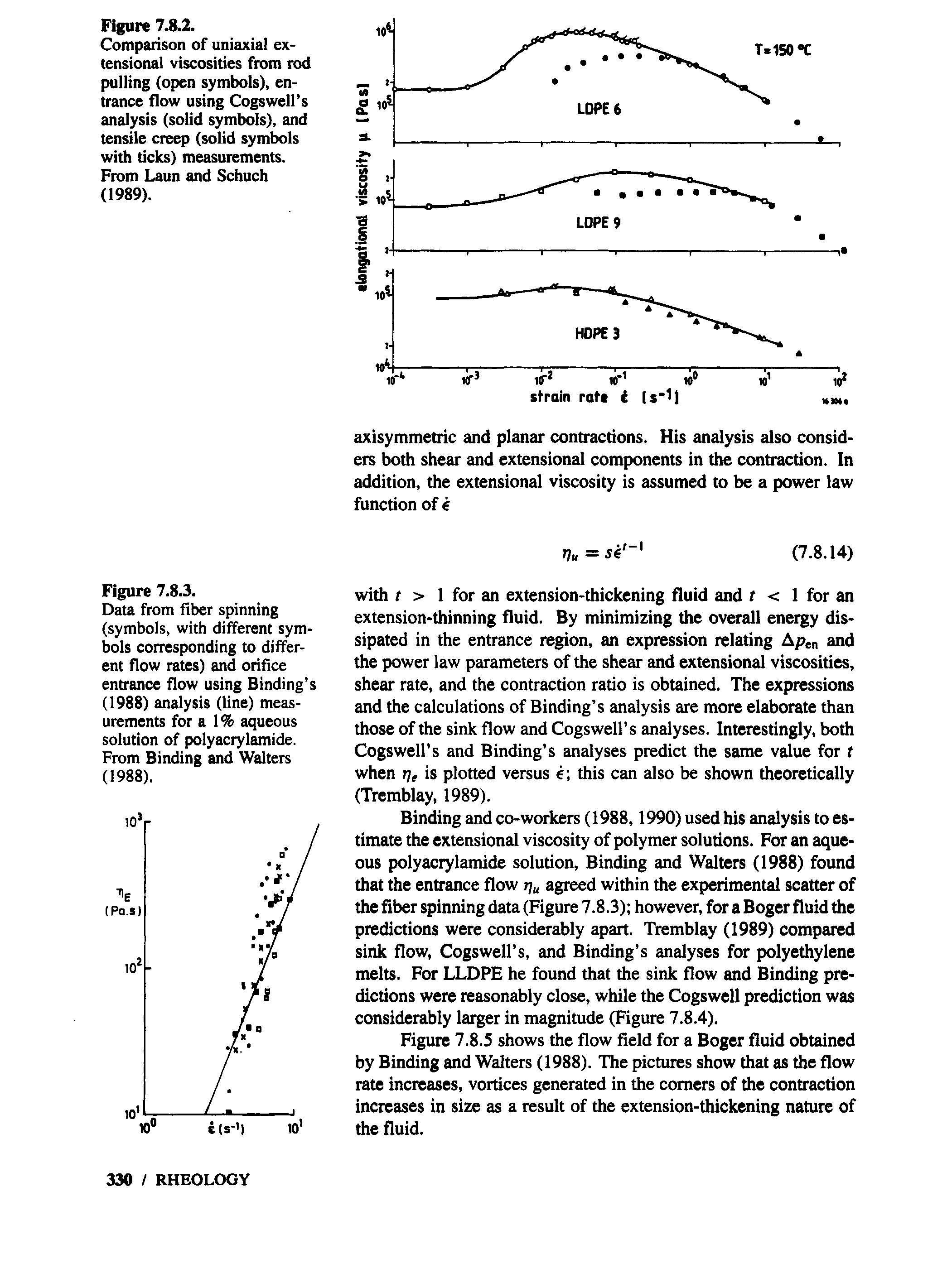 Figure 7.8.S shows the flow field for a Boger fluid obtained by Binding and Walters (1988). The pictures show that as the flow rate increases, vortices generated in the comers of the contraction increases in size as a result of the extension-thickening nature of the fluid.