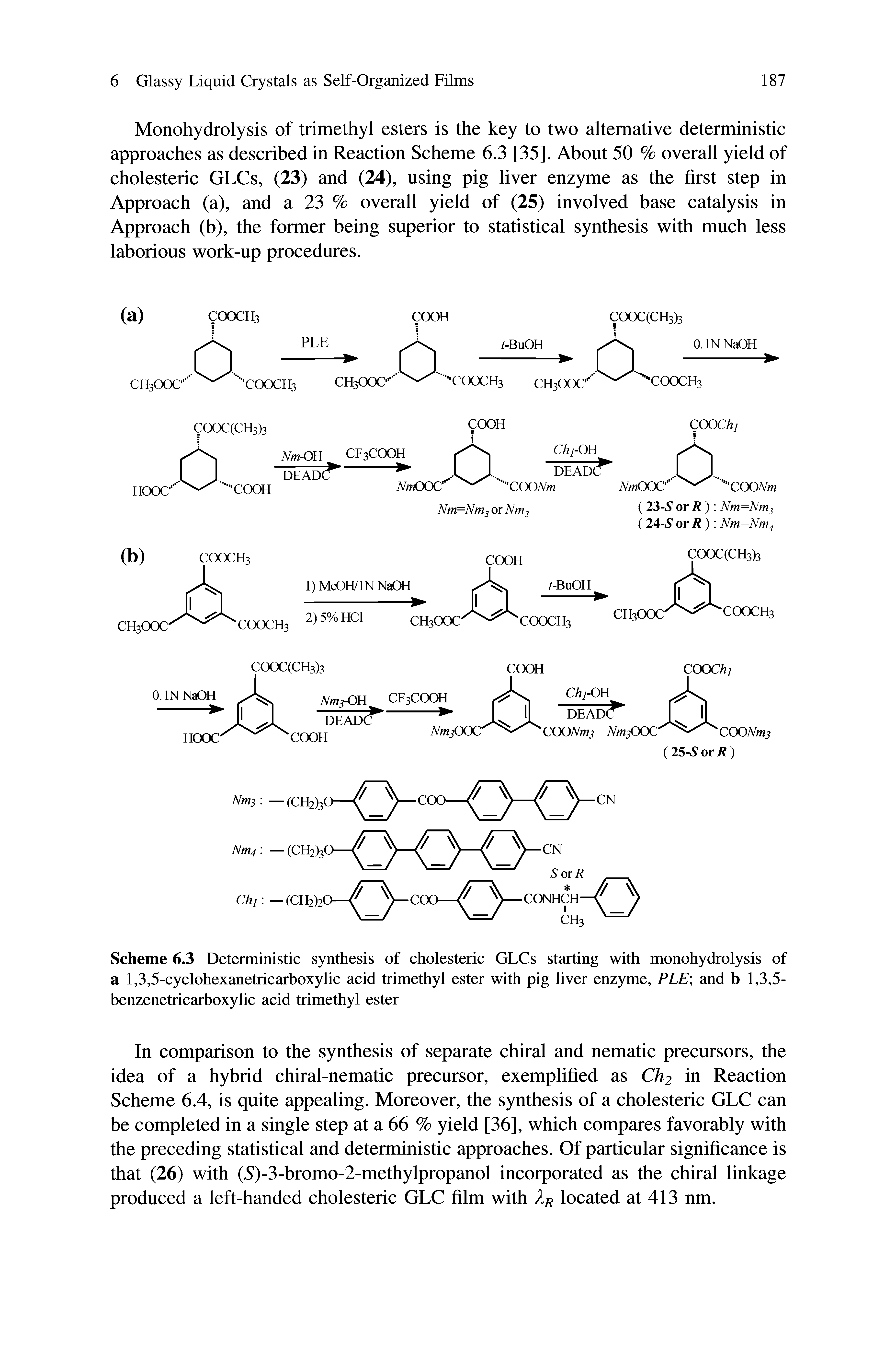 Scheme 6.3 Deterministic synthesis of cholesteric GLCs starting with monohydrolysis of a 1,3,5-cyclohexanetricarboxylic acid trimethyl ester with pig liver enzyme, PLE and b 1,3,5-benzenetricarboxylic acid trimethyl ester...