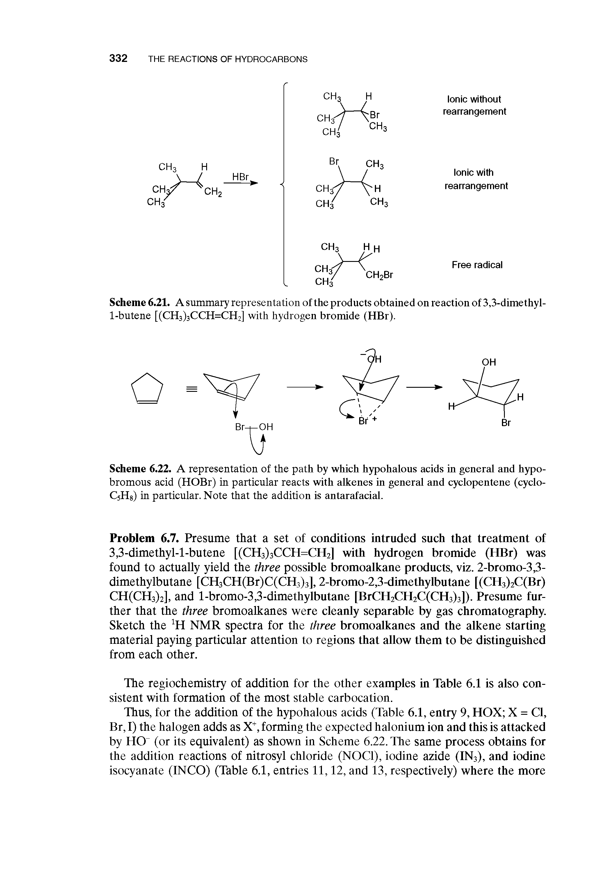 Scheme 6.22. A representation of the path by which hypohalous acids in general and hypo-bromous acid (HOBr) in particular reacts with alkenes in general and cyclopentene (cyclo-CsHs) in particular. Note that the addition is antarafadal.