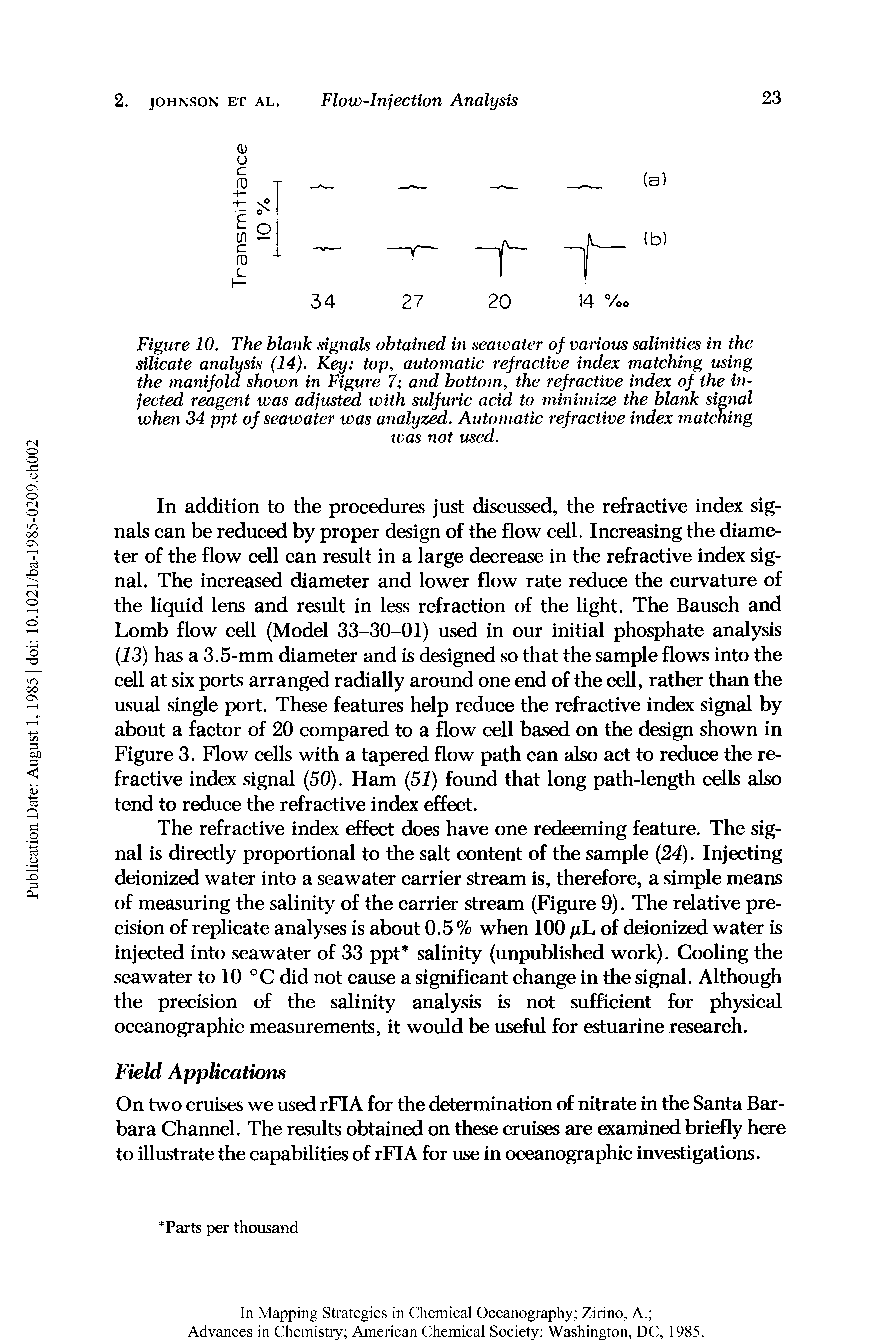 Figure 10. The blank signals obtained in seawater of various salinities in the silicate analysis (14). Key top, automatic refractive index matching using the manifold shown in Figure 7 and bottom, the refractive index of the injected reagent was adjusted with sulfuric acid to 7nitiimize the blank sigfial when 34 ppt of seawater was analyzed. Automatic refractive index matching...