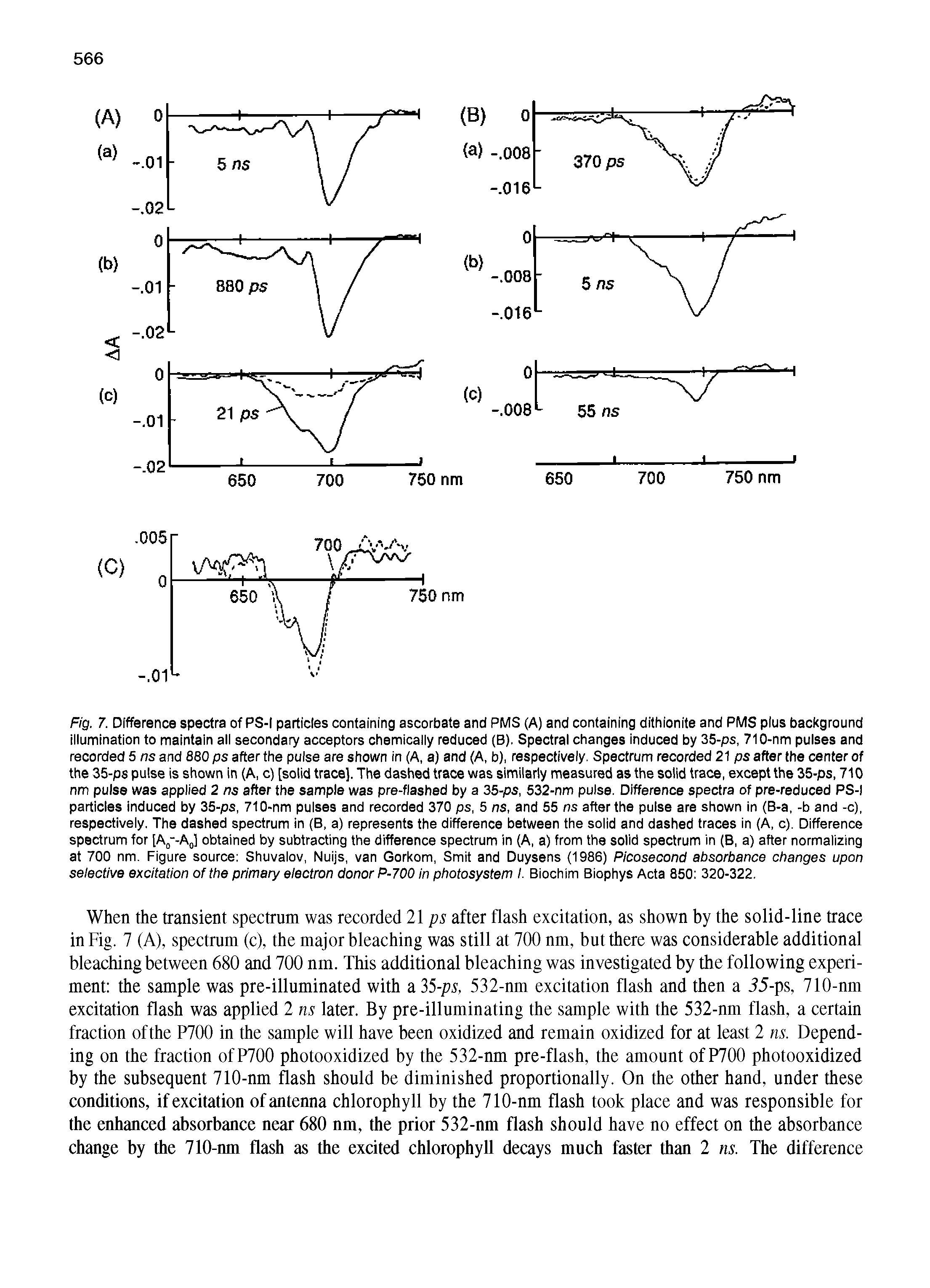 Fig. 7. Difference spectra of PS-1 particles containing ascorbate and PMS (A) and containing dithionite and PMS plus background illumination to maintain all secondary acceptors chemically reduced (B). Spectral changes induced by 35-ps, 710-nm pulses and recorded 5 ns and 860 ps after the pulse are shown in (A, a) and (A, b), respectively. Spectrum recorded 21 ps after the center of the 35-ps pulse is shown in (A, c) [solid trace]. The dashed trace was similarly measured as the solid trace, except the 35-ps, 710 nm pulse was applied 2 ns after the sample was pre-flashed by a 35-ps, 632-nm pulse. Difference spectra of pre-reduced PS-1 particles induced by 35-ps, 710-nm pulses and recorded 370 ps, 5 ns, and 55 ns after the pulse are shown in (B-a, -b and -c), respectively. The dashed spectrum in (B, a) represents the difference between the solid and dashed traces in (A, c). Difference spectrum for [A --AJ obtained by subtracting the difference spectrum in A, a) from the solid spectrum in (B, a) after normalizing at 700 nm. Figure source Shuvalov, Nuijs, van Gorkom, Smit and Duysens (1986) Picosecond absorbance changes upon selective excitation of the primary electron donor P-700 in photosystem /. Biochim Biophys Acta 850 320-322.