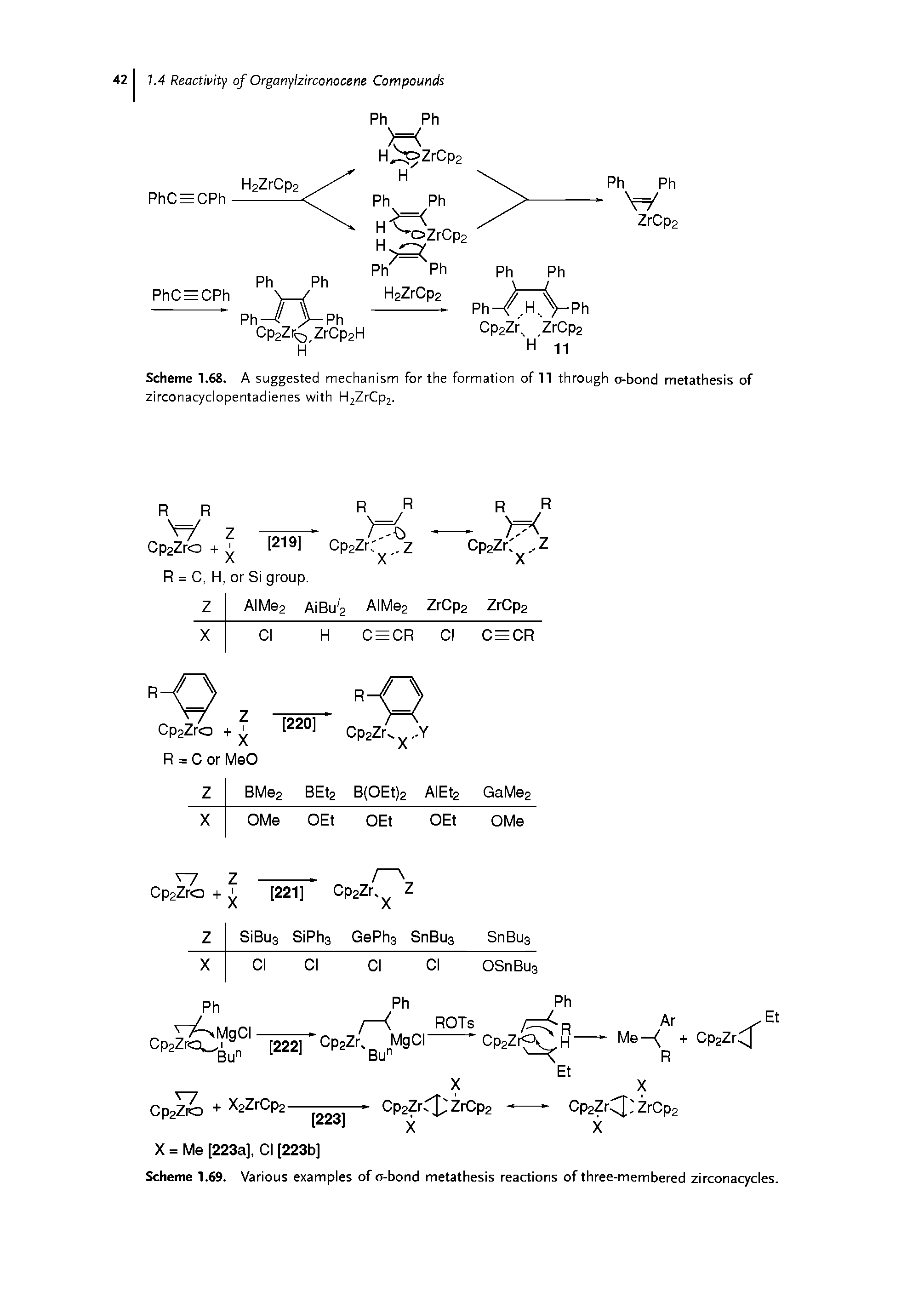 Scheme 1.69. Various examples of a-bond metathesis reactions of three-membered zirconacycles.