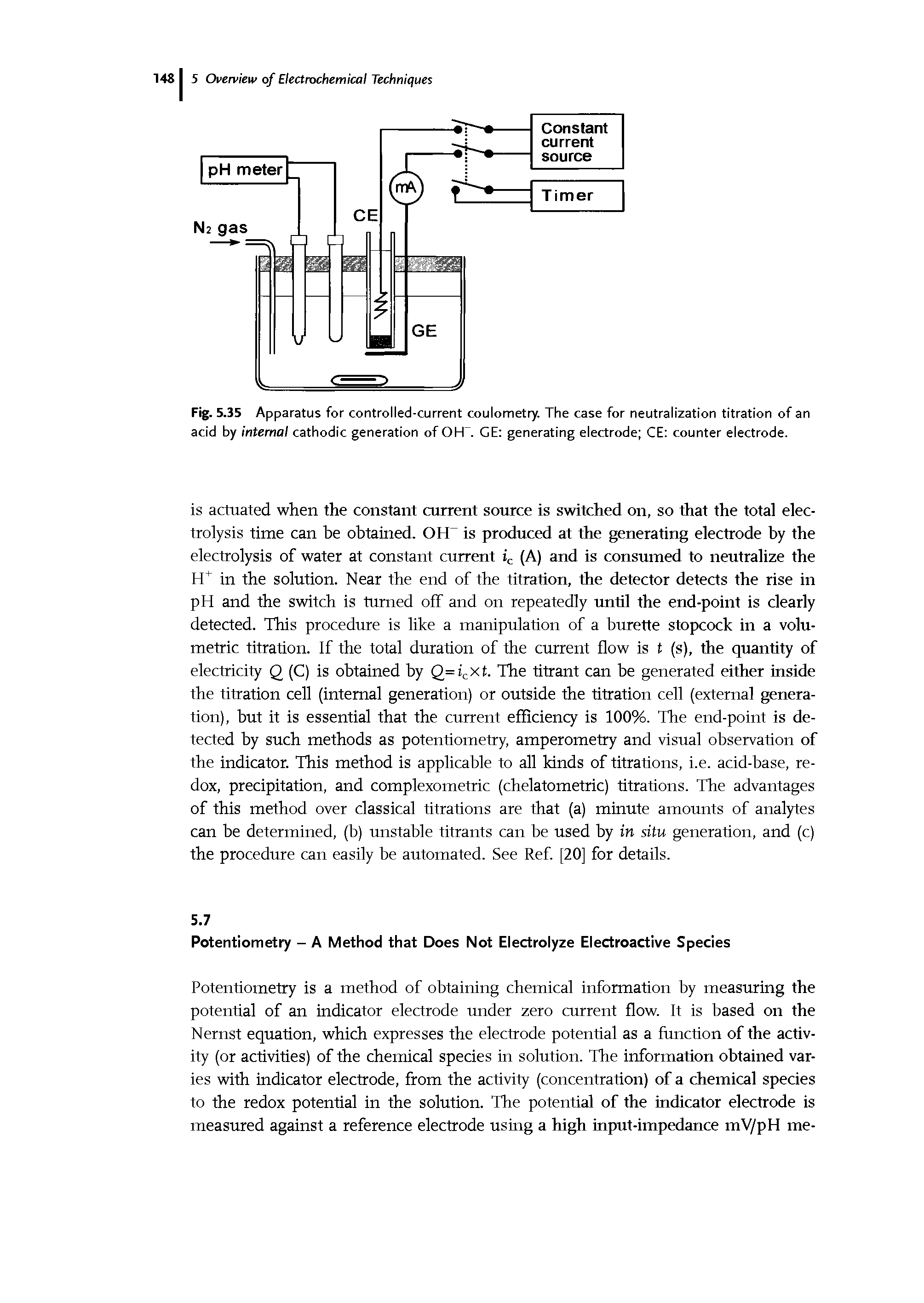 Fig. 5.35 Apparatus for controlled-current coulometry. The case for neutralization titration of an acid by internal cathodic generation of OhT. GE generating electrode CE counter electrode.