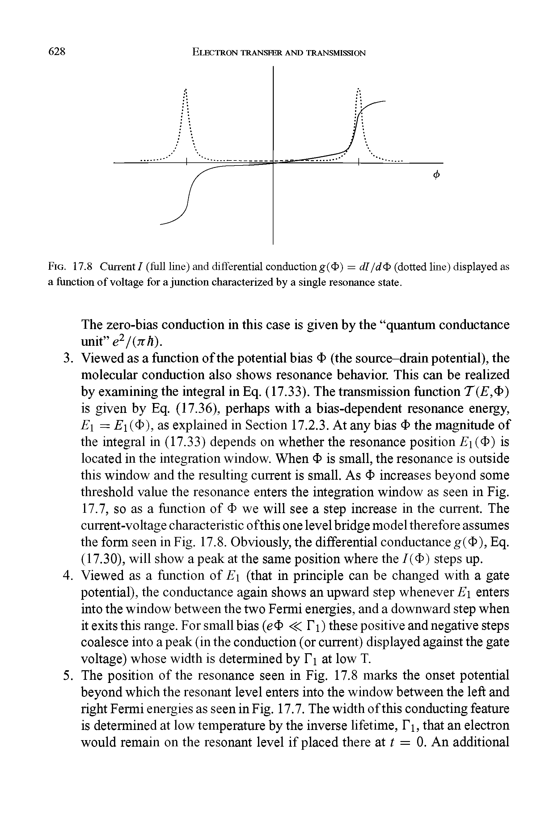 Fig. 17.8 Current/ (full Hne) and differential conduction g(4>) = dl/d (dotted line) displayed as a function of voltage for a junction characterized by a single resonance state.