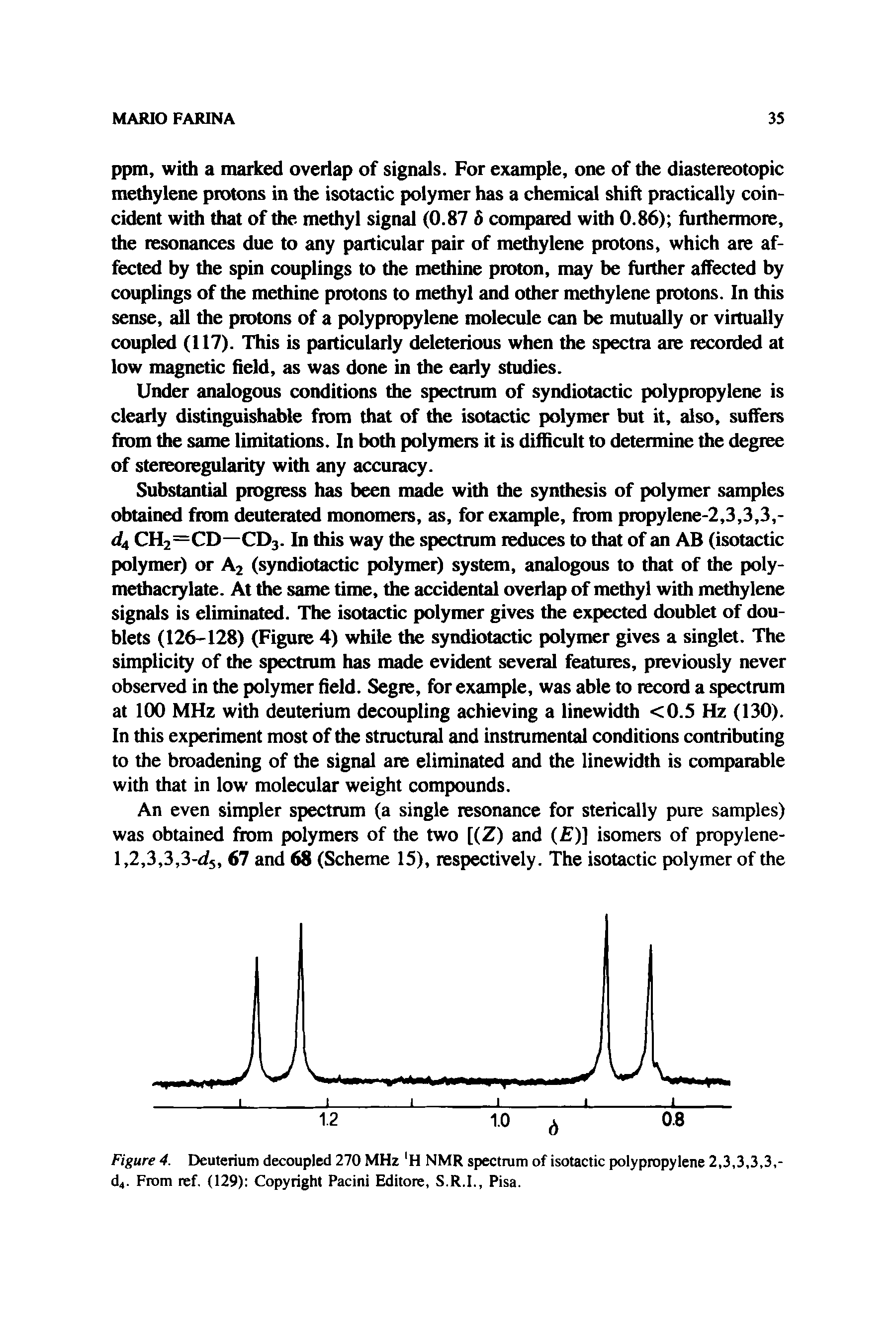 Figure 4. Deuterium decoupled 270 MHz H NMR spectram of isotactic polypropylene 2,3,3,3,3, d4- From ref, (129) Copyright Pacini Editore, S.R.I., Pisa.