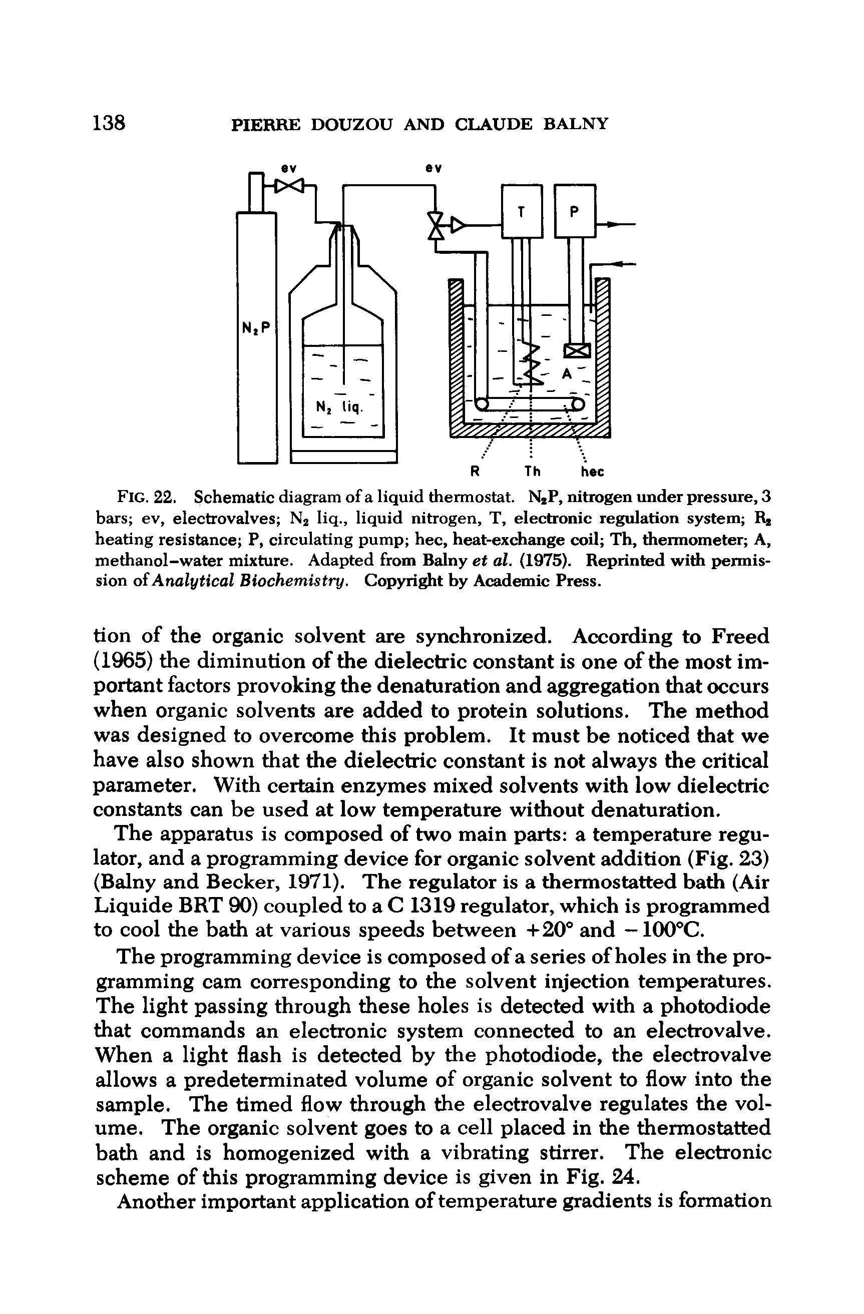 Fig. 22. Schematic diagram of a liquid thermostat. N2P, nitrogen under pressure, 3 bars ev, electrovalves N2 liq., liquid nitrogen, T, electronic regulation system Rj heating resistance P, circulating pump hec, heat-exchange coil Th, thermometer A, methanol-water mixture. Adapted from Balny et al. (1975). Reprinted with permission of Analytical Biochemistry. Copyright by Academic Press.