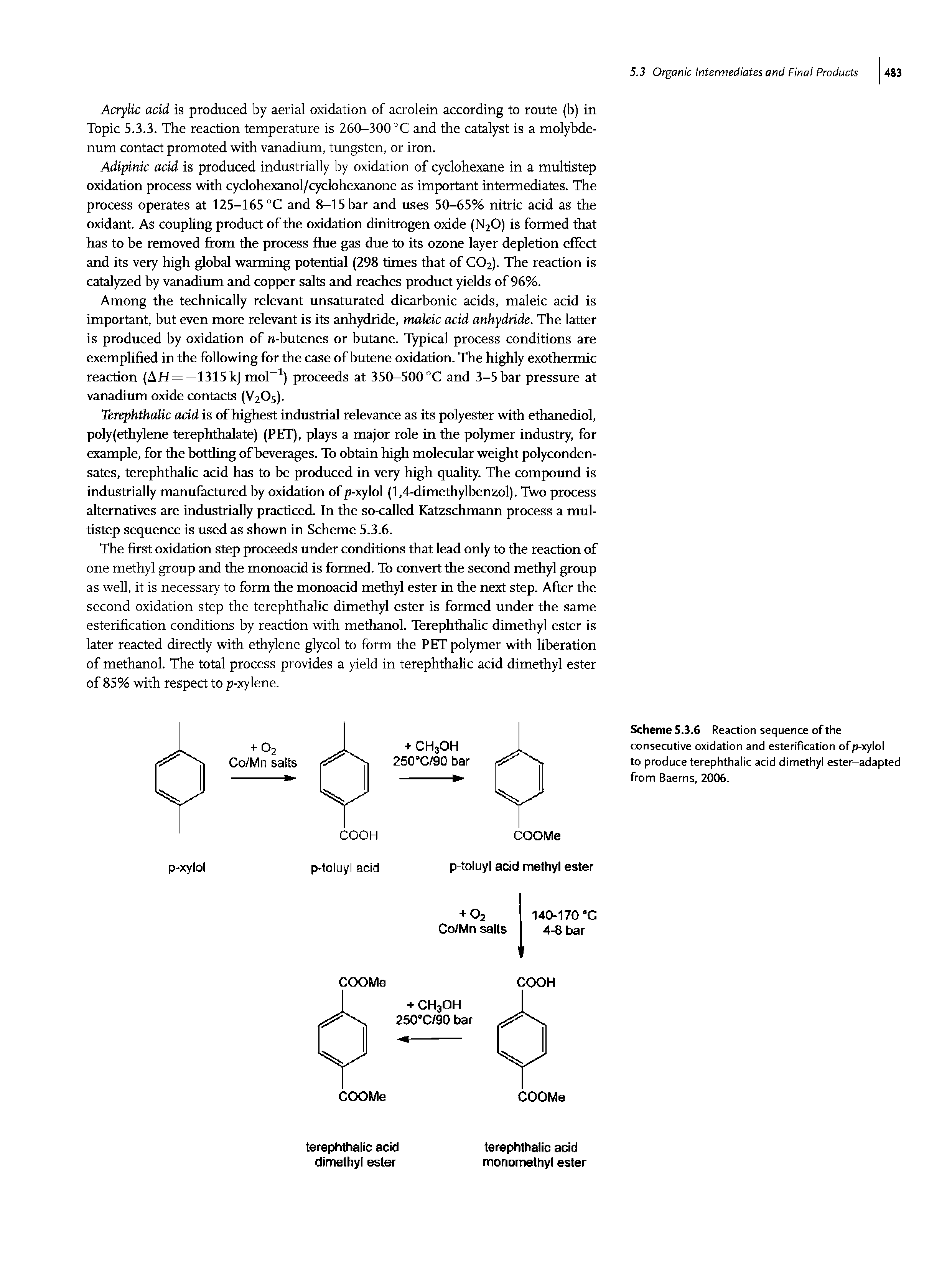 Scheme 5.3.6 Reaction sequence of the consecutive oxidation and esterification ofp-xylol to produce terephthalic acid dimethyl ester-adapted from Baerns, 2006.