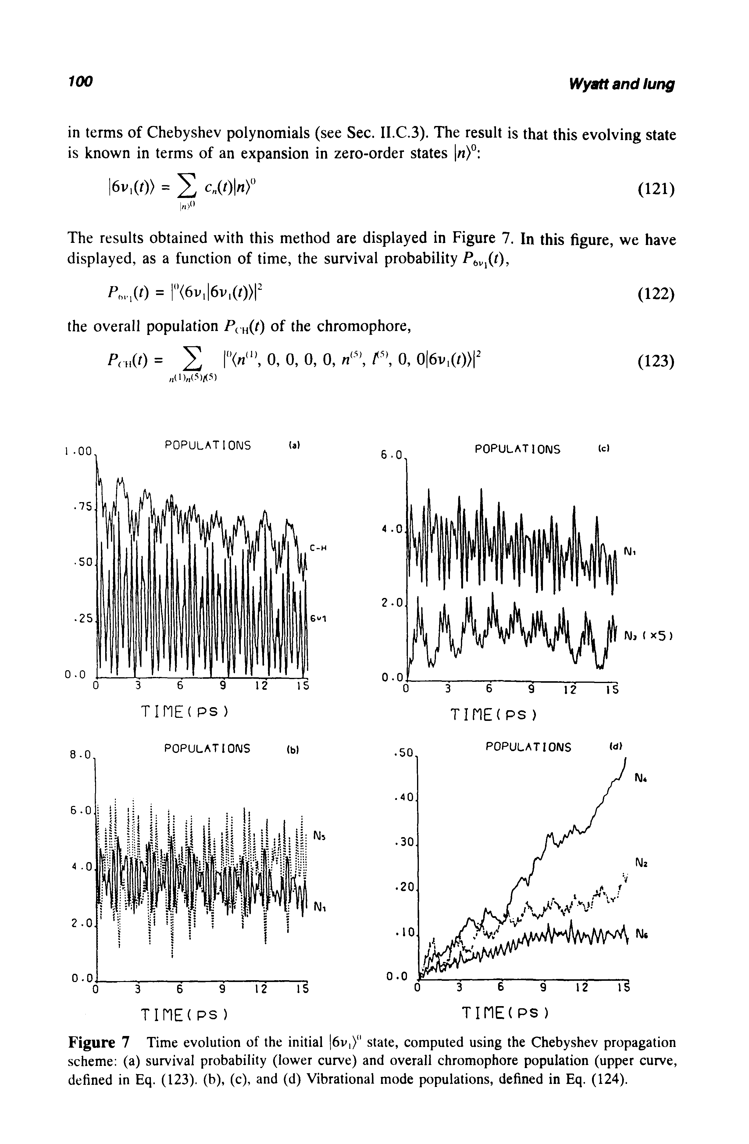 Figure 7 Time evolution of the initial 6v,) state, computed using the Chebyshev propagation scheme (a) survival probability (lower curve) and overall chromophore population (upper curve, defined in Eq. (123). (b), (c), and (d) Vibrational mode populations, defined in Eq. (124).