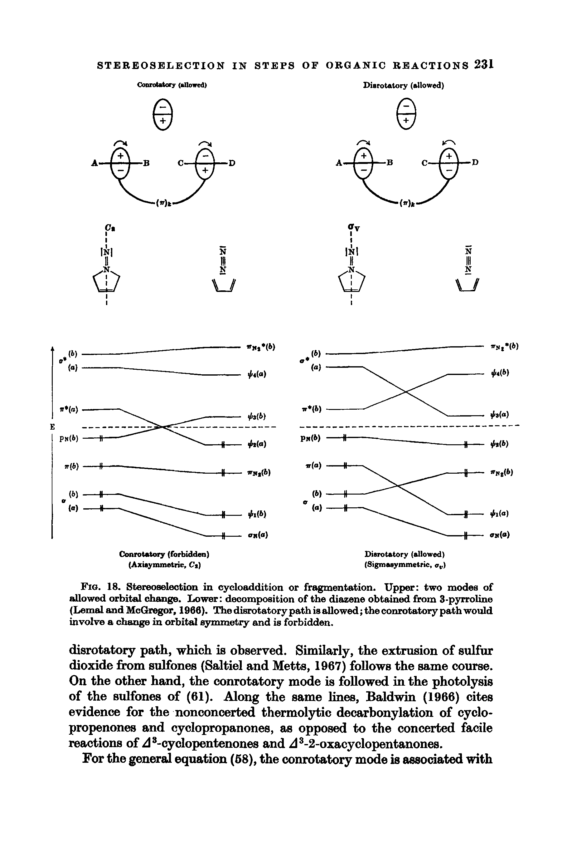 Fig. 18. Stereoselection in cycloaddition or fragmentation. Upper two modes of allowed orbital change. Lower decomposition of the diazene obtained from 3-pyrroline (Lemal and McGregor, 1966). The disrotatory path is allowed the conrotatory path would involve a change in orbital symmetry and is forbidden.