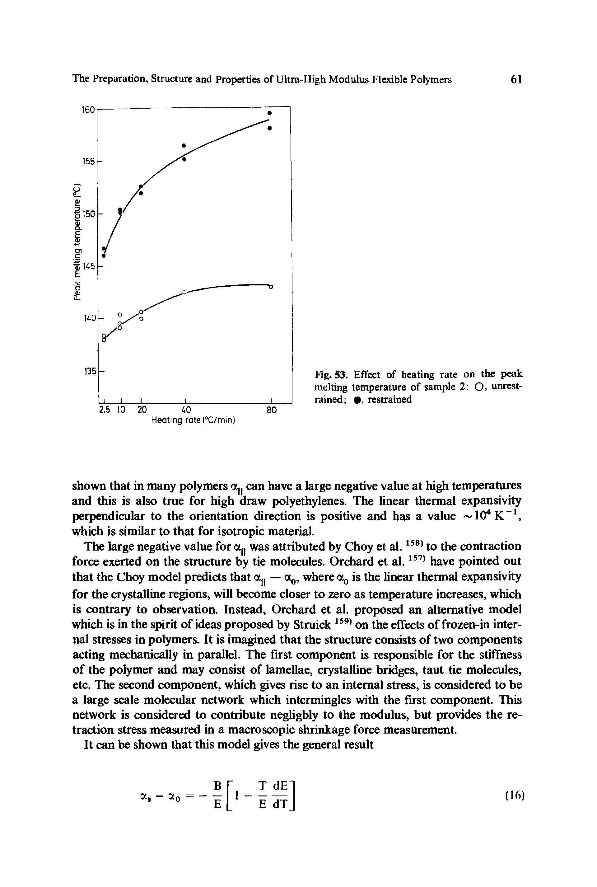 Fig. 53. Eflect of heating rate on the peak melting temperature of sample 2 O, unrestrained , restrained...