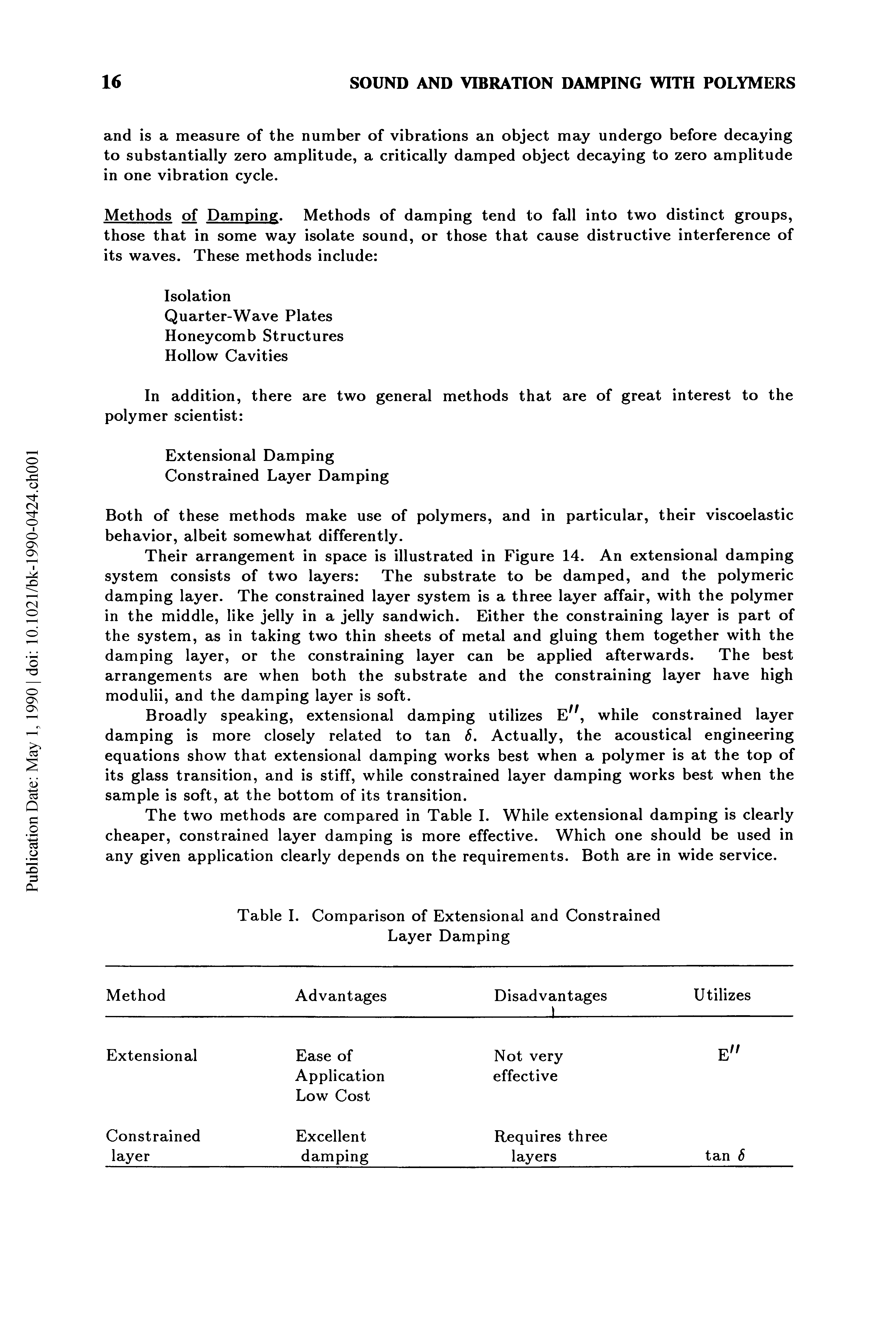 Table I. Comparison of Extensional and Constrained Layer Damping...