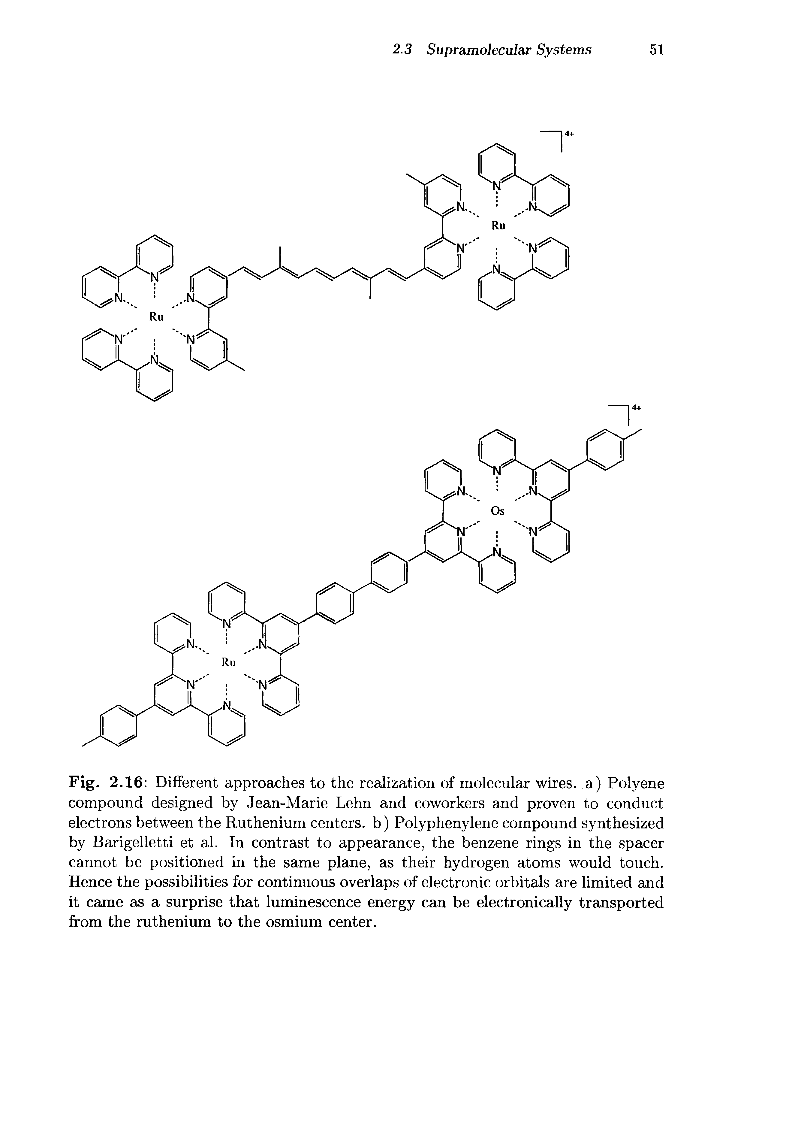 Fig. 2.16 Different approaches to the realization of molecular wires, a) Polyene compound designed by Jean-Marie Lehn and coworkers and proven to conduct electrons between the Ruthenium centers, b) Polyphenylene compound synthesized by Barigelletti et al. In contrast to appearance, the benzene rings in the spacer cannot be positioned in the same plane, as their hydrogen atoms would touch. Hence the possibilities for continuous overlaps of electronic orbitals are limited and it came as a surprise that luminescence energy can be electronically transported from the ruthenium to the osmium center.