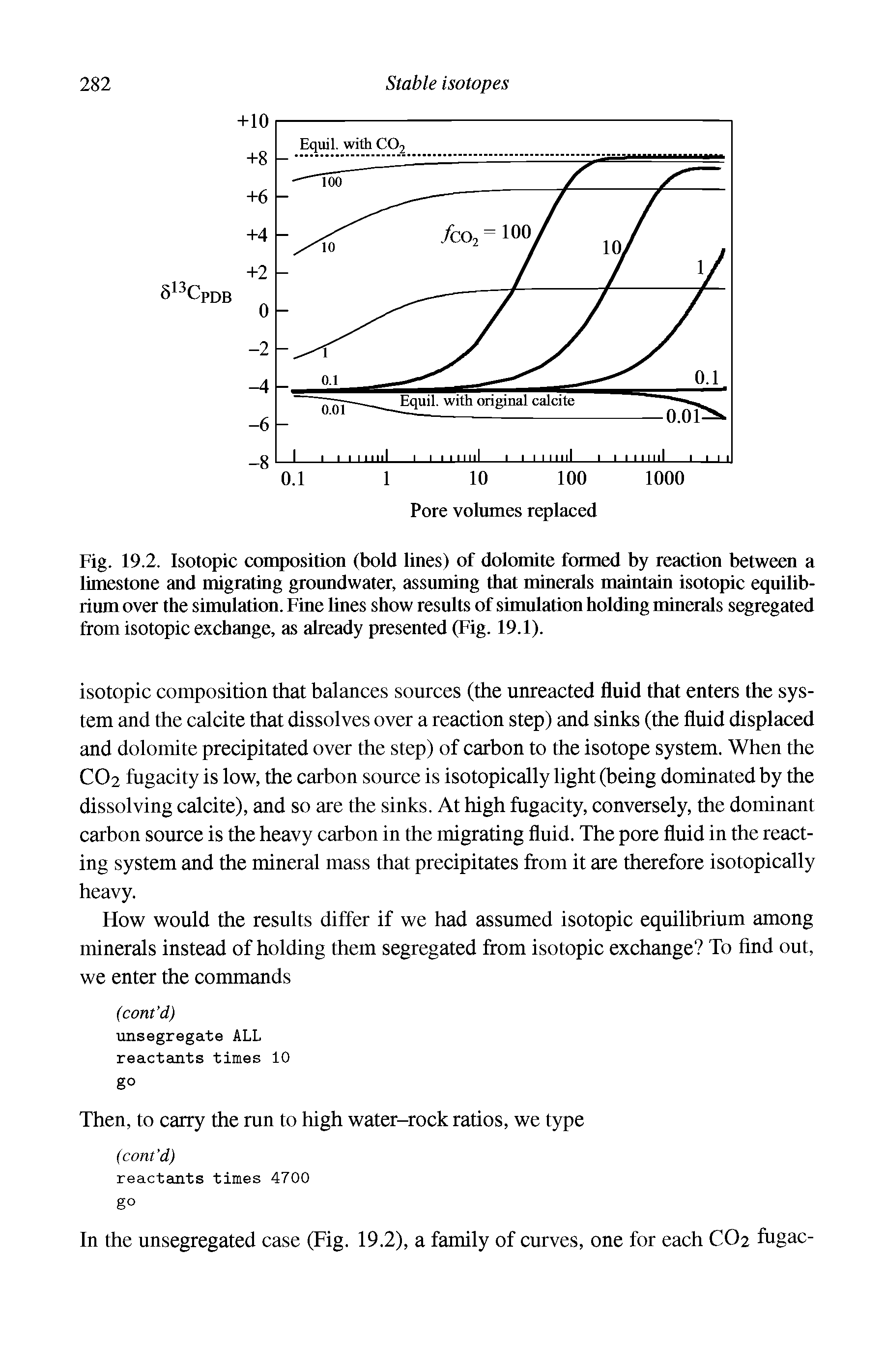 Fig. 19.2. Isotopic composition (bold lines) of dolomite formed by reaction between a limestone and migrating groundwater, assuming that minerals maintain isotopic equilibrium over the simulation. Fine lines show results of simulation holding minerals segregated from isotopic exchange, as already presented (Fig. 19.1).