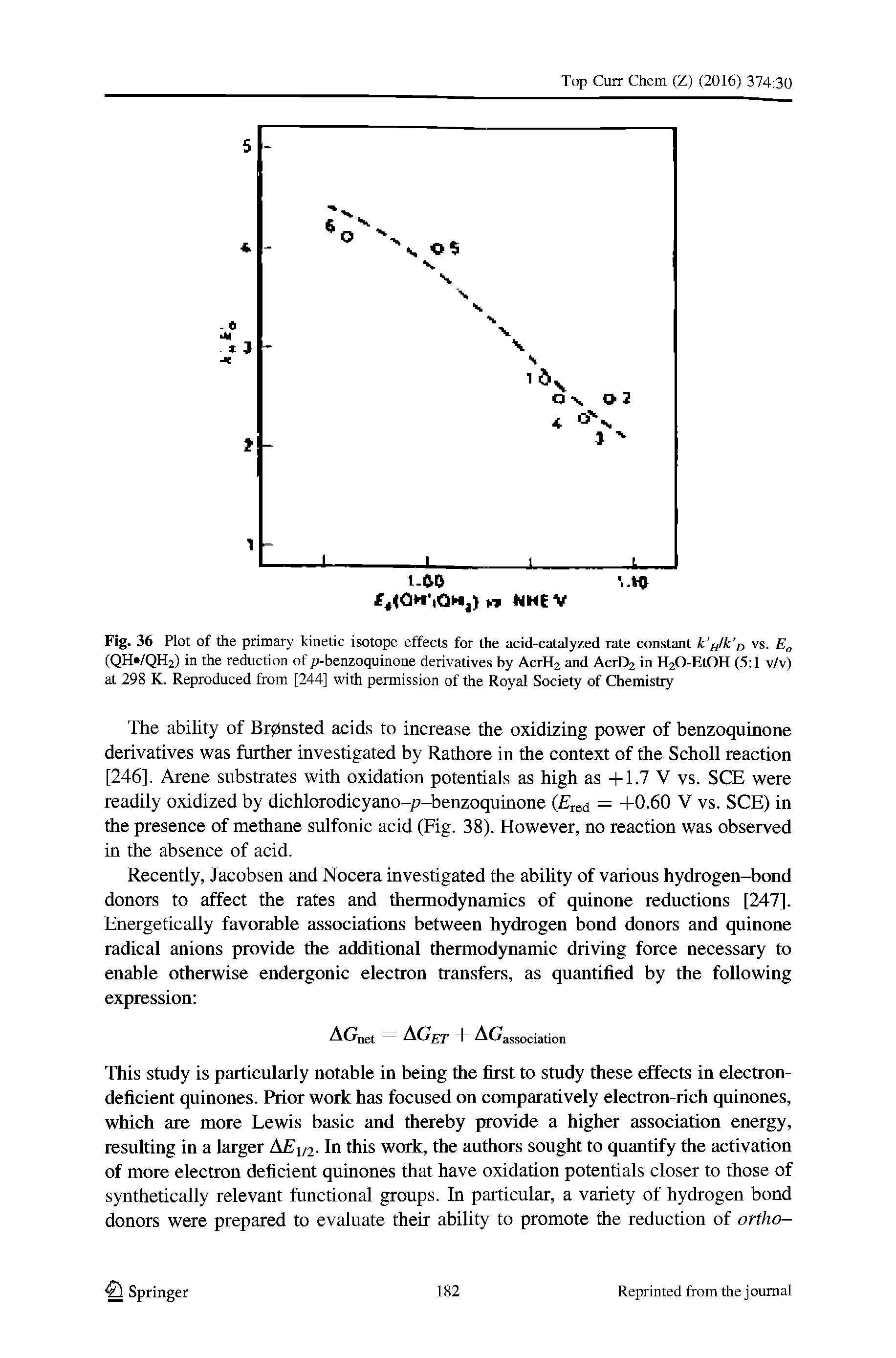 Fig. 36 Plot of the primary kinetic isotope effects for the acid-catalyzed rate constant k ulk i, vs. E (QH /QH2) in the reduction of p-benzoquinone derivatives by ActH2 and ActD2 in H20-Et0H (5 1 v/v) at 298 K. Reproduced from [244] with permission of the Royal Society of Chemistry...