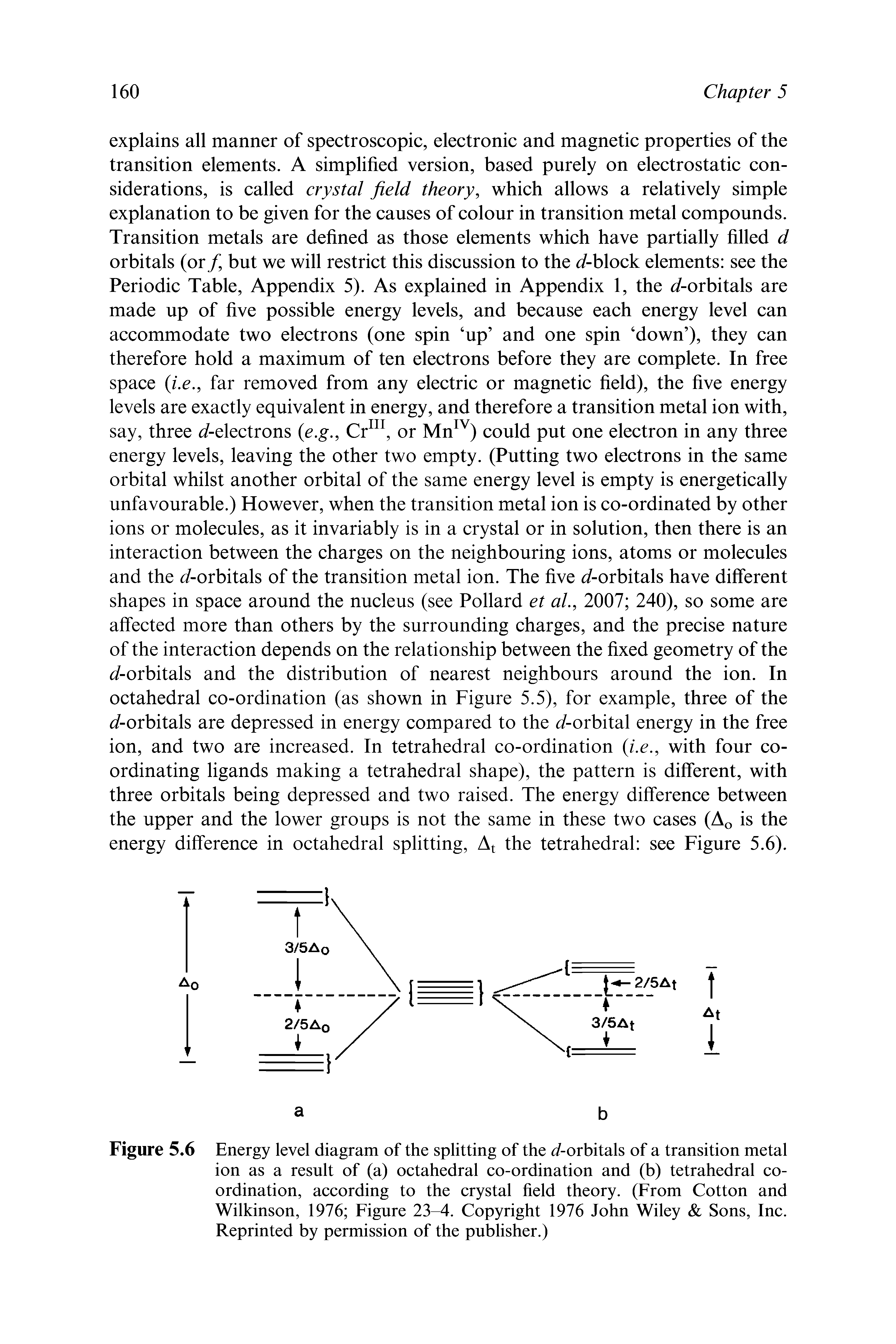 Figure 5.6 Energy level diagram of the splitting of the J-orbitals of a transition metal ion as a result of (a) octahedral co-ordination and (b) tetrahedral coordination, according to the crystal field theory. (From Cotton and Wilkinson, 1976 Figure 23-4. Copyright 1976 John Wiley Sons, Inc. Reprinted by permission of the publisher.)...