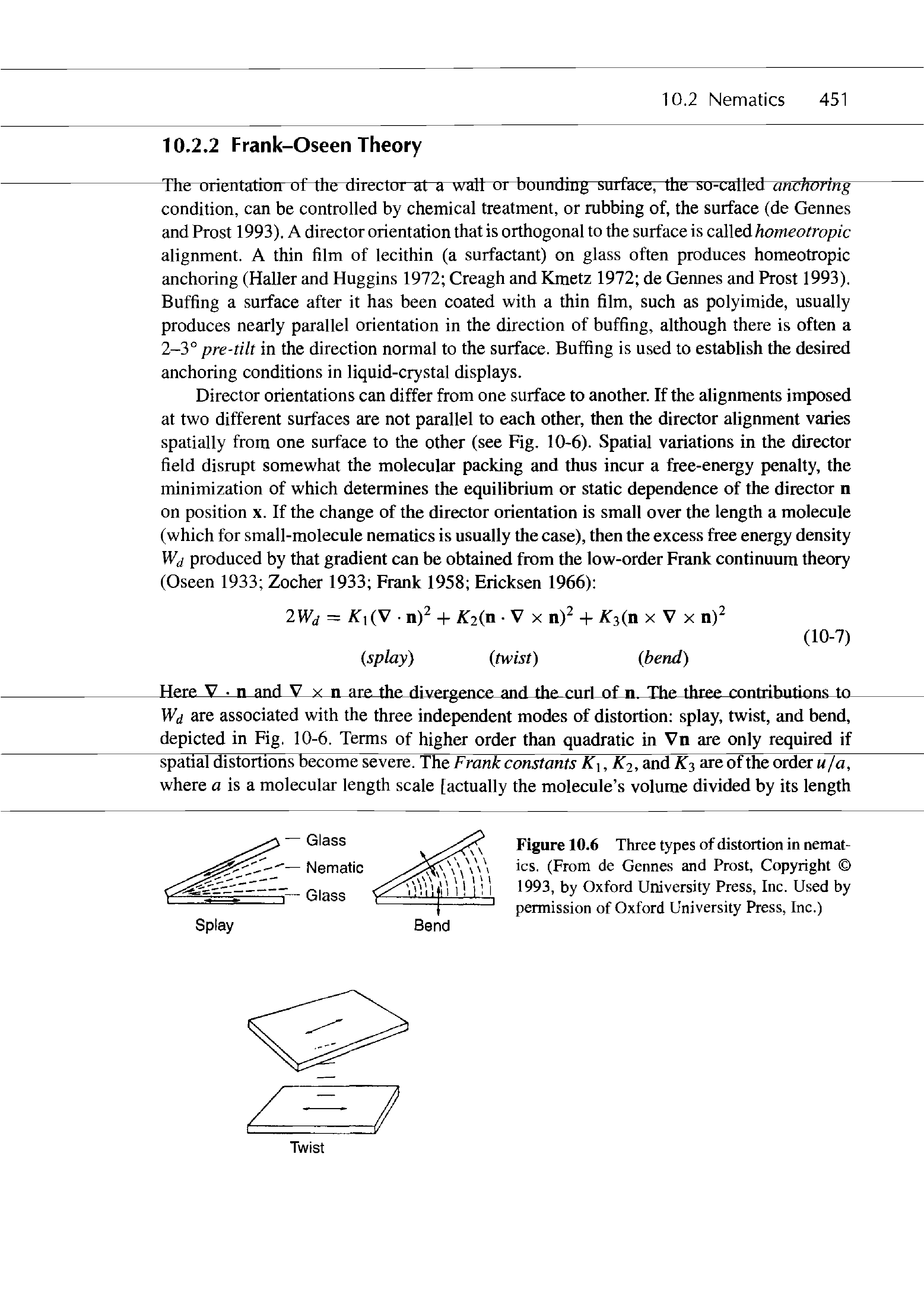 Figure 10.6 Three types of distortion in nematics. (From de Gennes and Prost, Copyright 1993, by Oxford University Press, Inc. Used by permission of Oxford University Press, Inc.)...