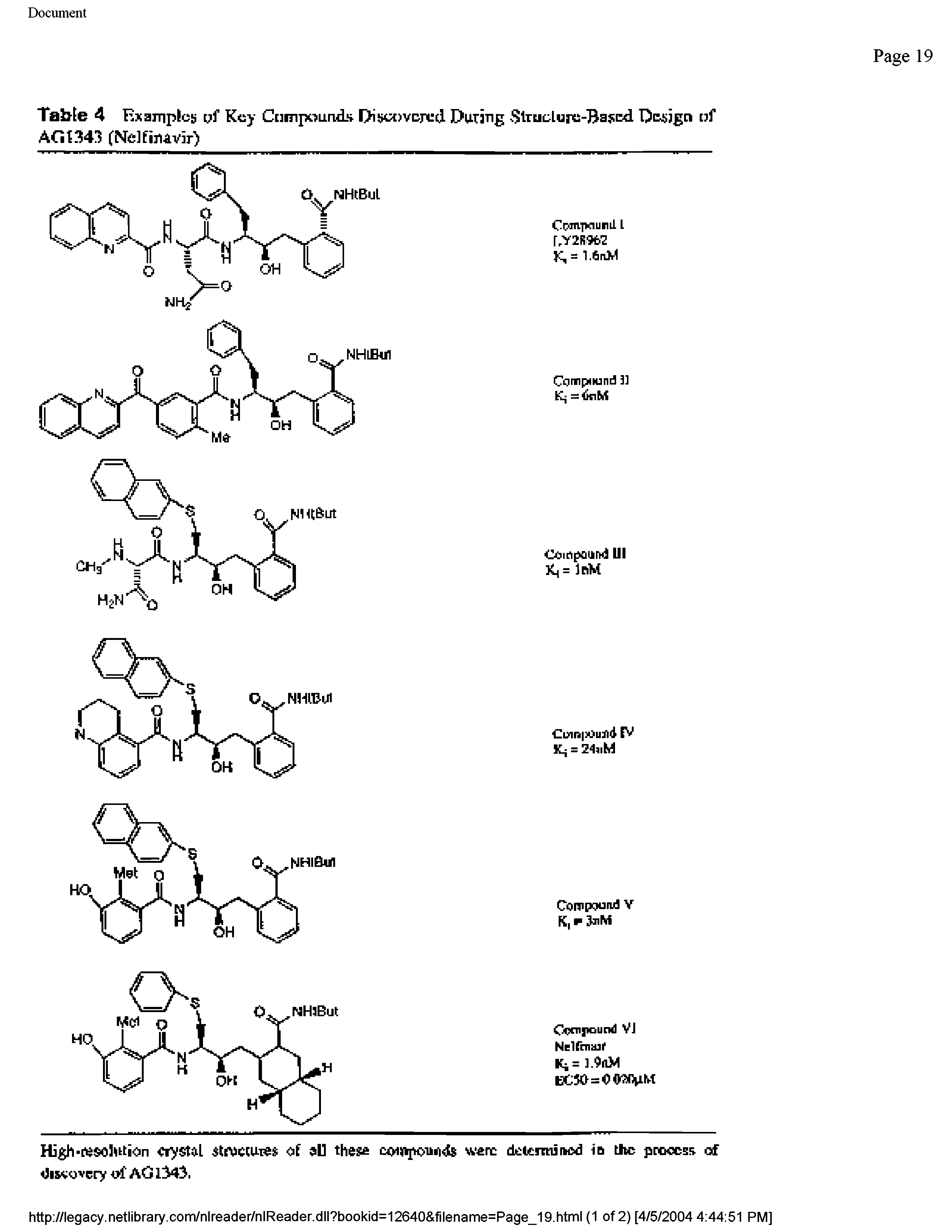 Table 4 Examples yf Key Compounds Discovered During StrucLure-Bajicd Design uf AG 1343 fNelfinavir)...