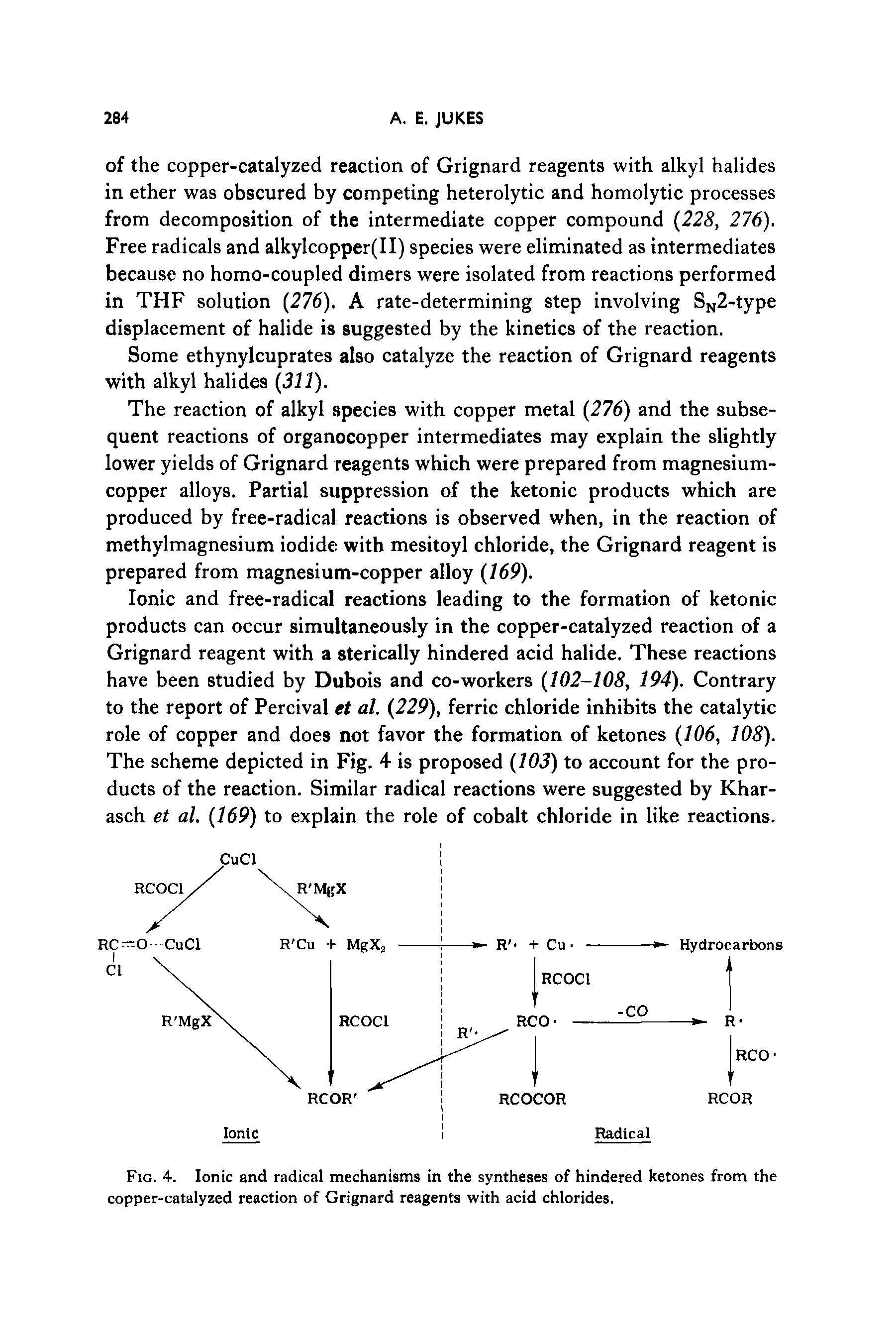 Fig. 4. Ionic and radical mechanisms in the syntheses of hindered ketones from the copper-catalyzed reaction of Grignard reagents with acid chlorides.