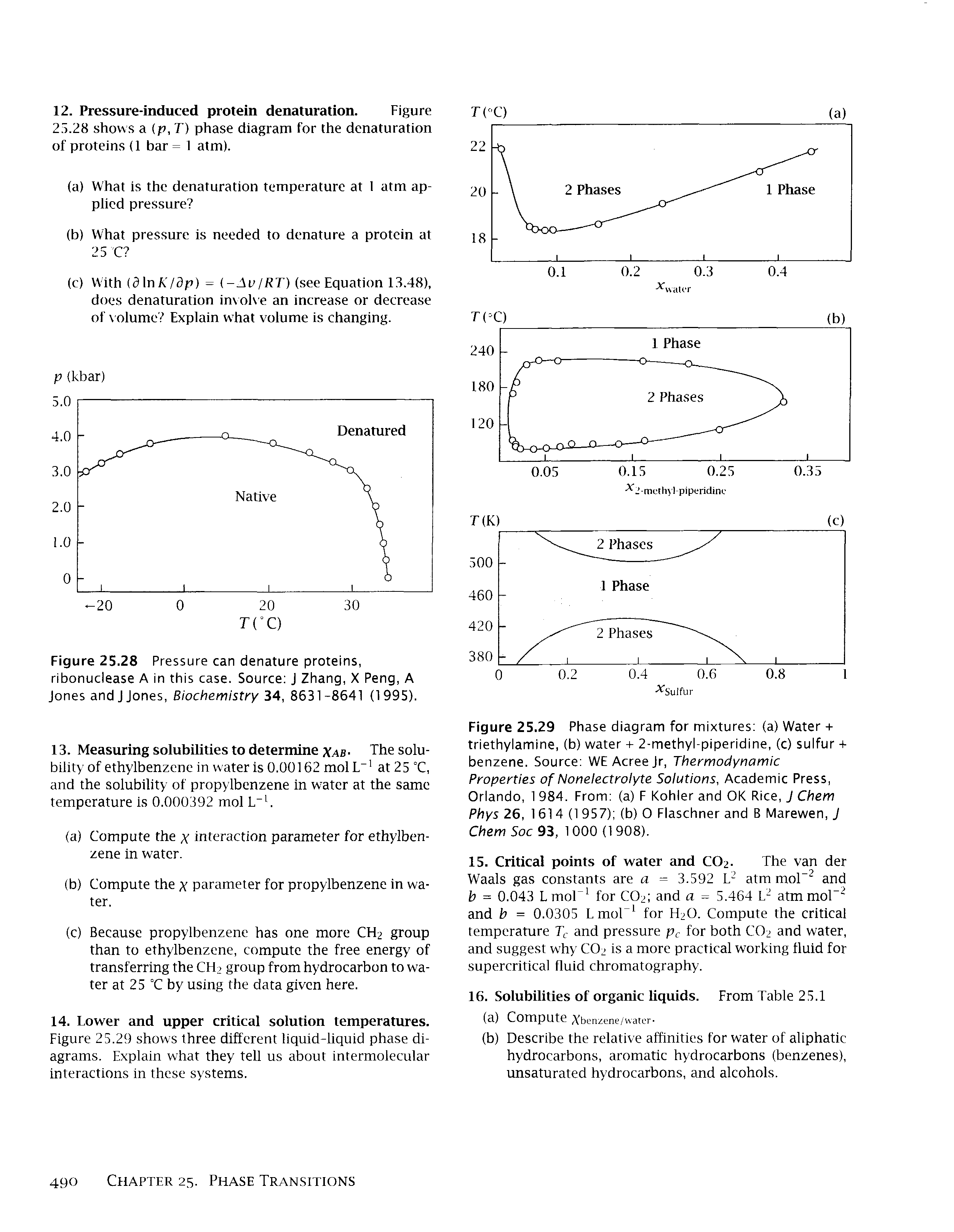 Figure 25.29 Phase diagram for mixtures (a) Water -1-triethylamine, (b) water -1- 2-methyl-piperidine, (c) sulfur + benzene. Source WE Acree Jr, Thermodynamic Properties of Nonelectrolyte Solutions, Academic Press, Orlando, 1 984. From (a) F Kohler and OK Rice, J Chem Phys 26, 1614 (1 957) (b) O Flaschner and B Marewen, J Chem Soc 93, 1000 (1908).