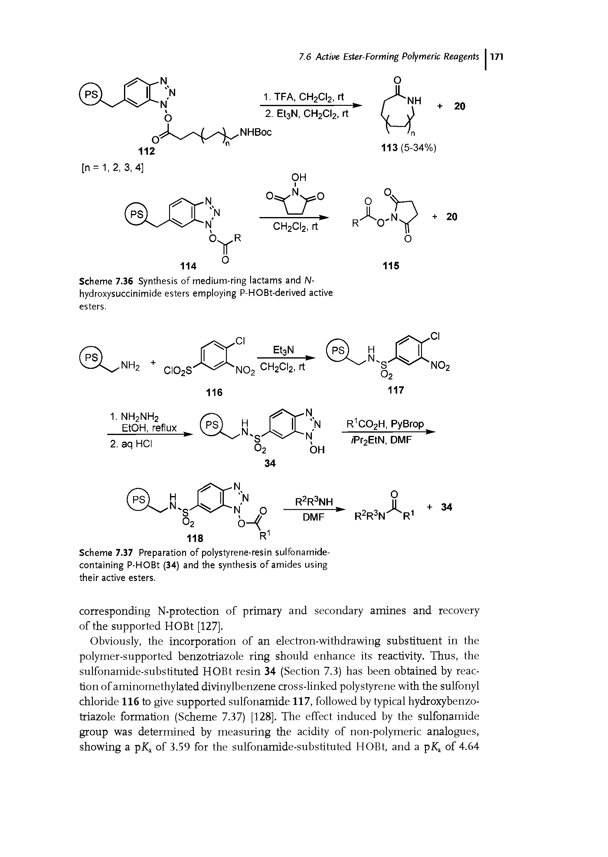 Scheme 7.36 Synthesis of medium-ring lactams and N-hydroxysuccinimide esters employing P-HOBt-derived active esters.