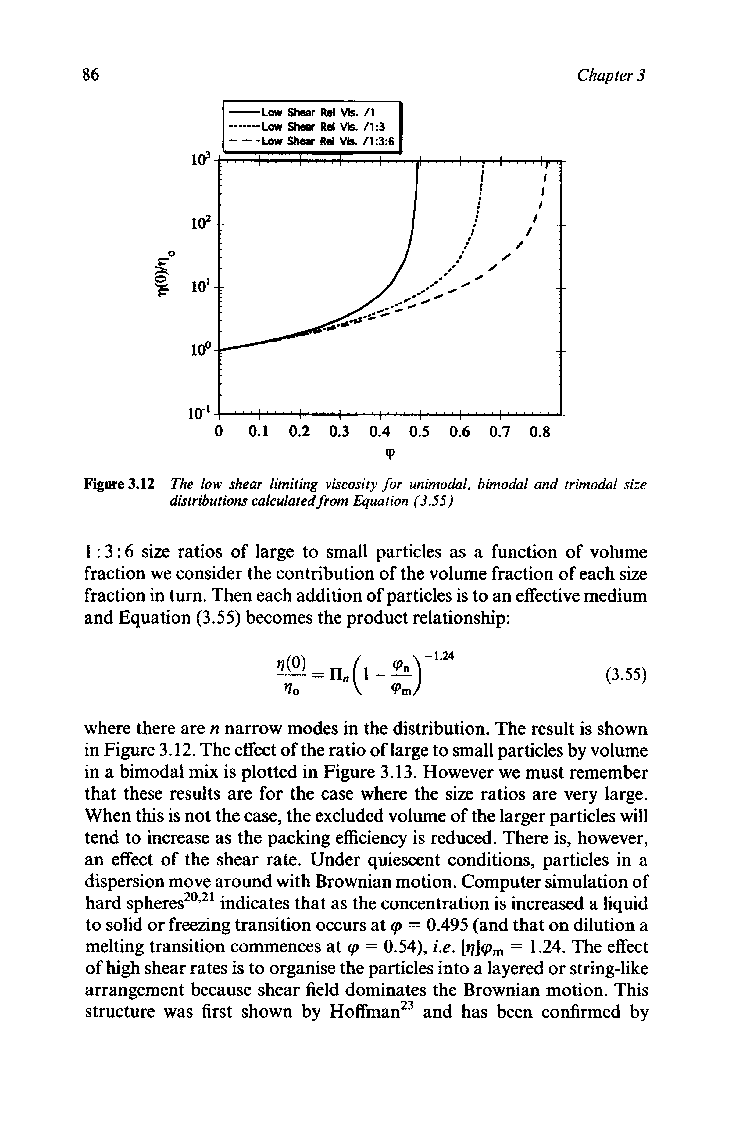 Figure 3.12 The low shear limiting viscosity for unimodal, bimodal and trimodal size distributions calculated from Equation (3.55 )...