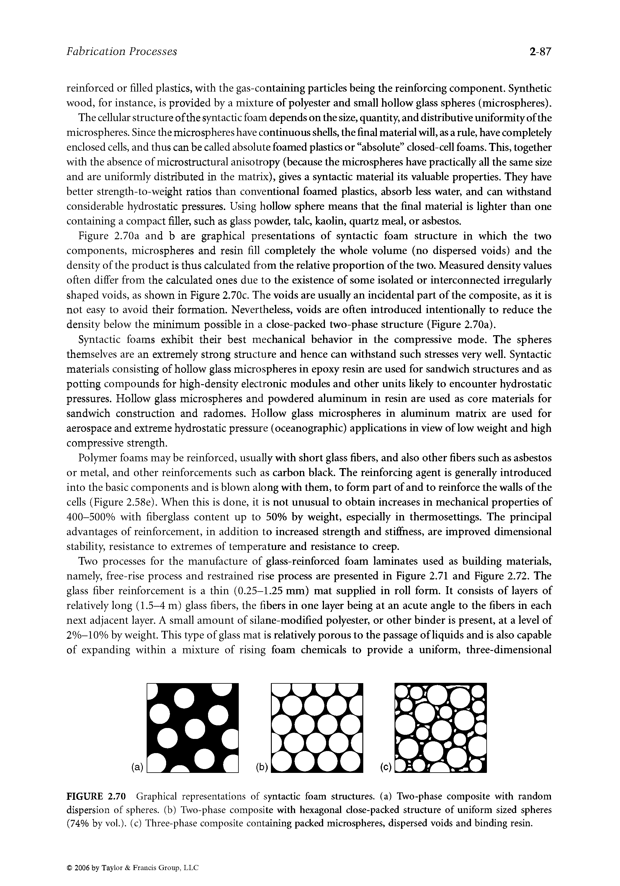 Figure 2.70a and b are graphical presentations of syntactic foam structure in which the two components, microspheres and resin fill completely the whole volume (no dispersed voids) and the density of the product is thus calculated from the relative proportion of the two. Measured density values often differ from the calculated ones due to the existence of some isolated or interconnected irregularly shaped voids, as shown in Figure 2.70c. The voids are usually an incidental part of the composite, as it is not easy to avoid their formation. Nevertheless, voids are often introduced intentionally to reduce the density below the minimum possible in a close-packed two-phase structure (Figure 2.70a).