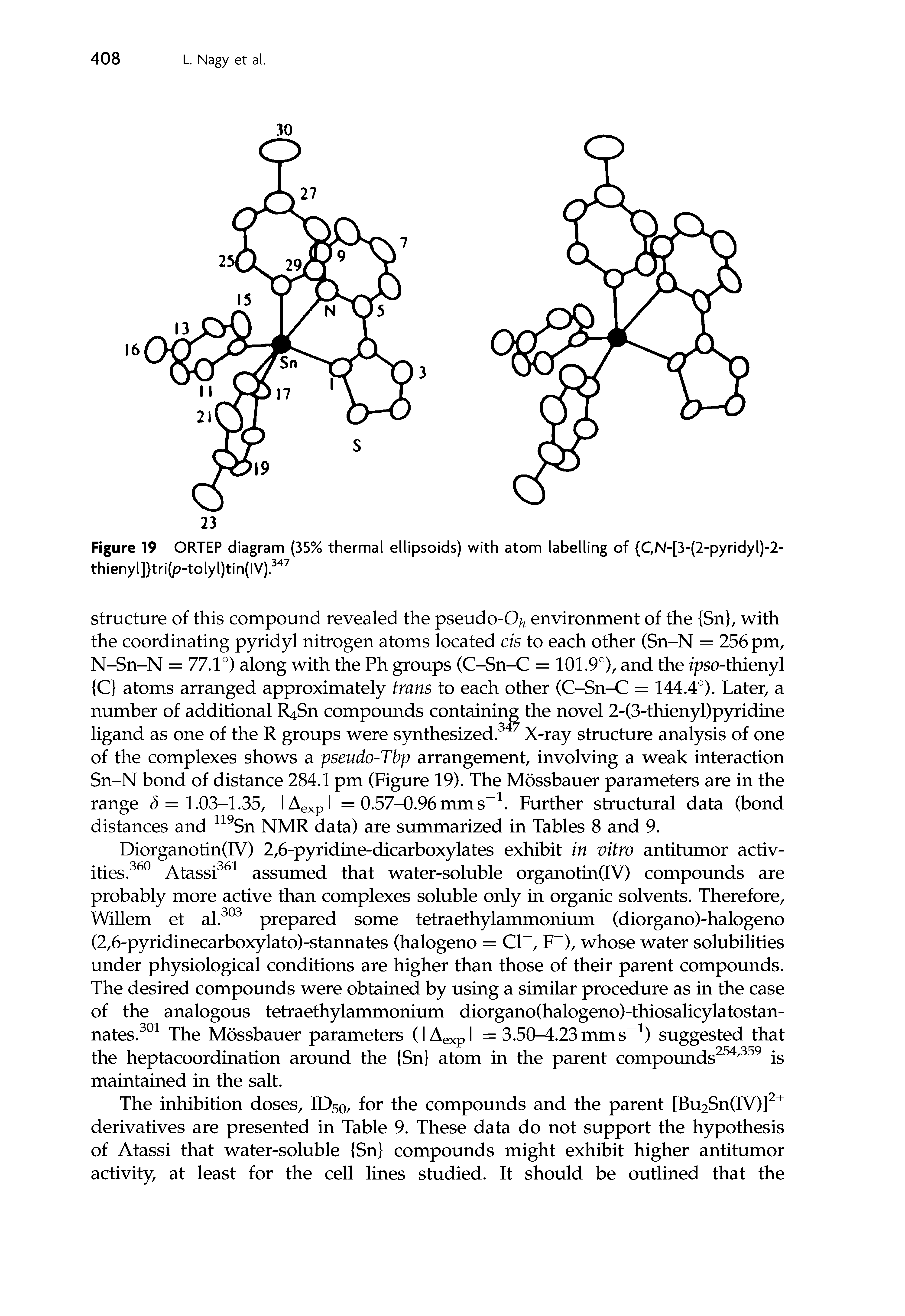 Figure 19 ORTEP diagram (35% thermal ellipsoids) with atom labelling of (CN-[3-(2-pyridyl)-2-thienyl] tri(p-tolyl)tin(IV). " ...