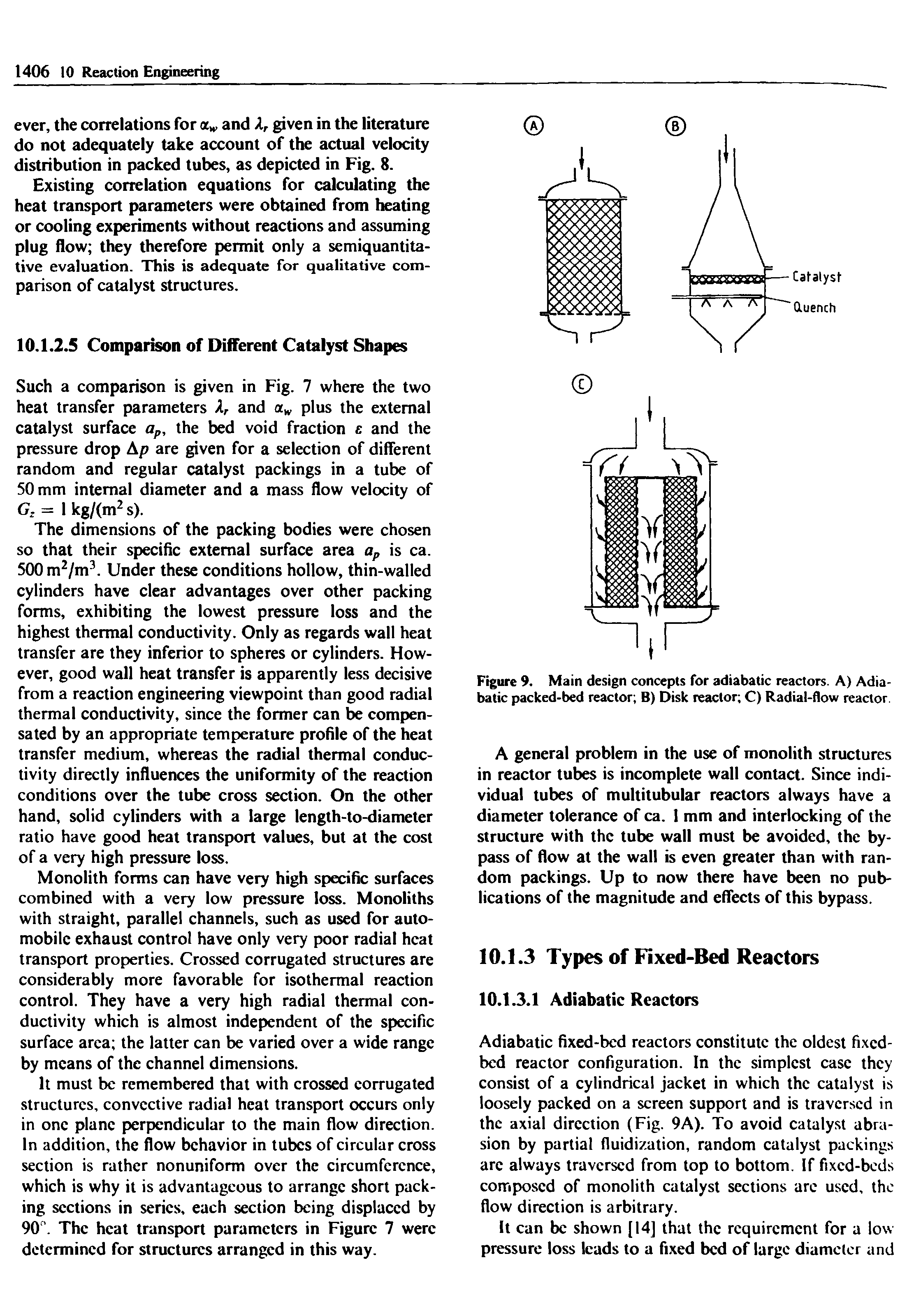 Figure 9. Main design concepts for adiabatic reactors. A) Adiabatic packed-bed reactor B) Disk reactor C) Radial-flow reactor.