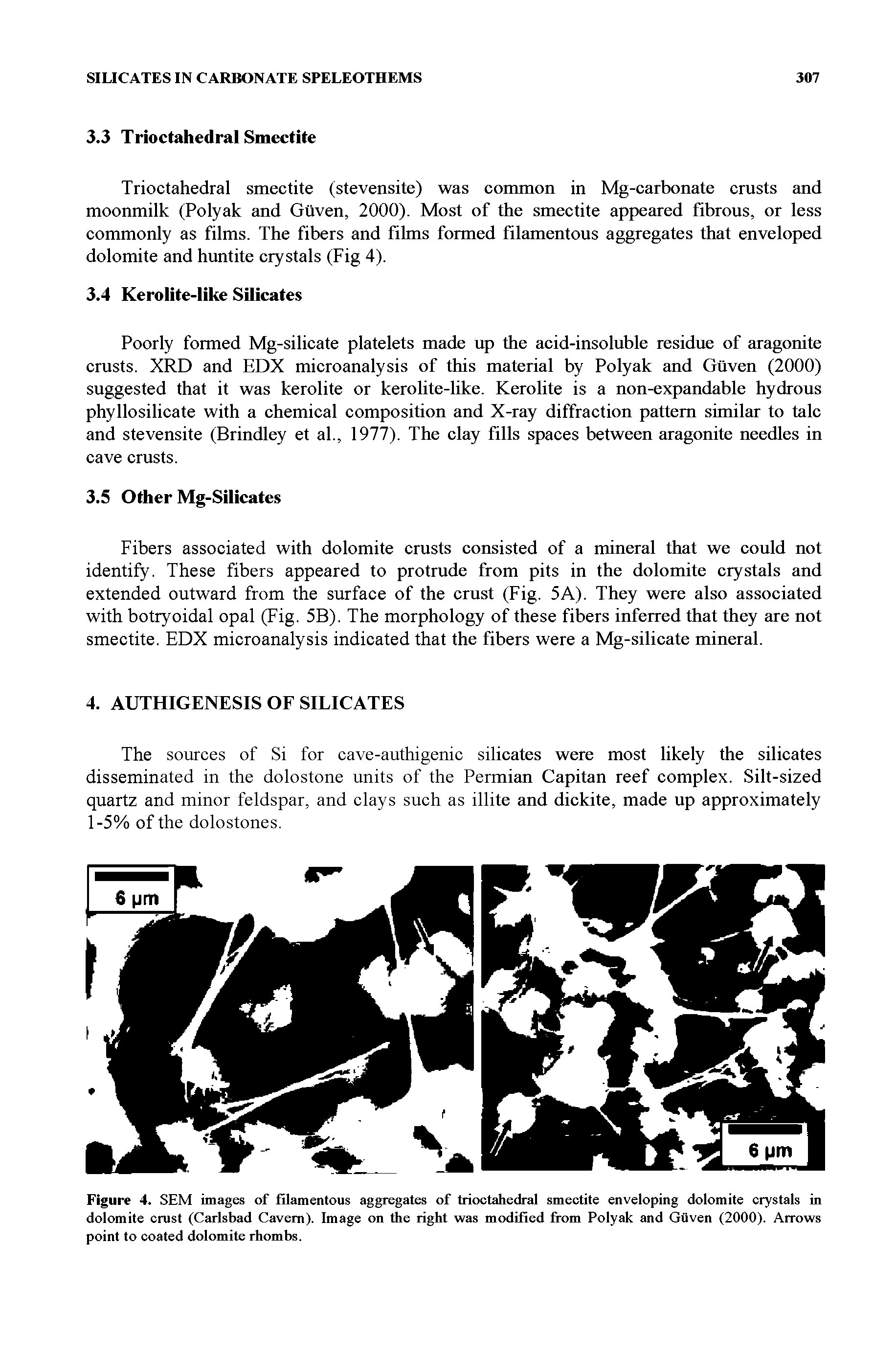 Figure 4. SEM images of filamentous aggregates of faioct ech al smectite enveloping dolomite crystals in dolomite crust (Carlsbad Cavern). Image on die right was modified from Polyak and Guven (2000). Arrows point to coated dolomite rhombs.