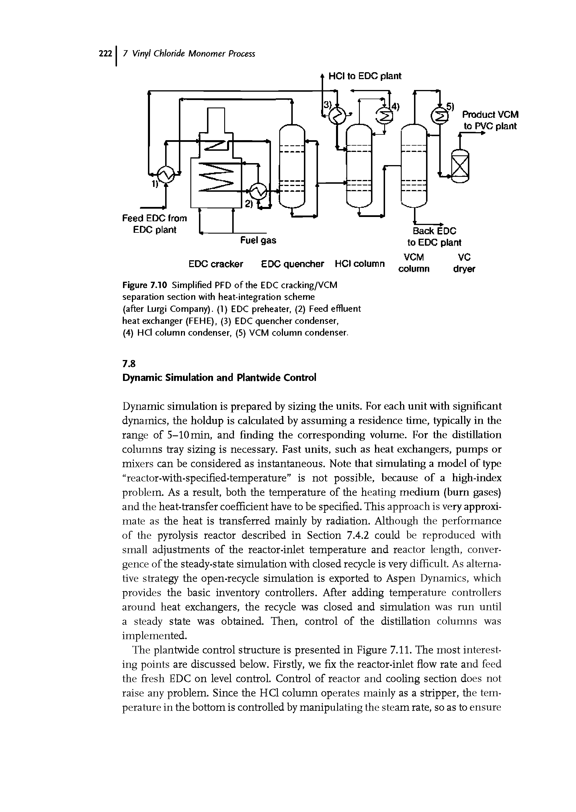 Figure 7.10 Simplified PFD of the EDC cracking/VCM separation section with heat-integration scheme (after Lurgi Company). (1) EDC preheater, (2) Feed effluent heat exchanger (FEHE), (3) EDC quencher condenser,...
