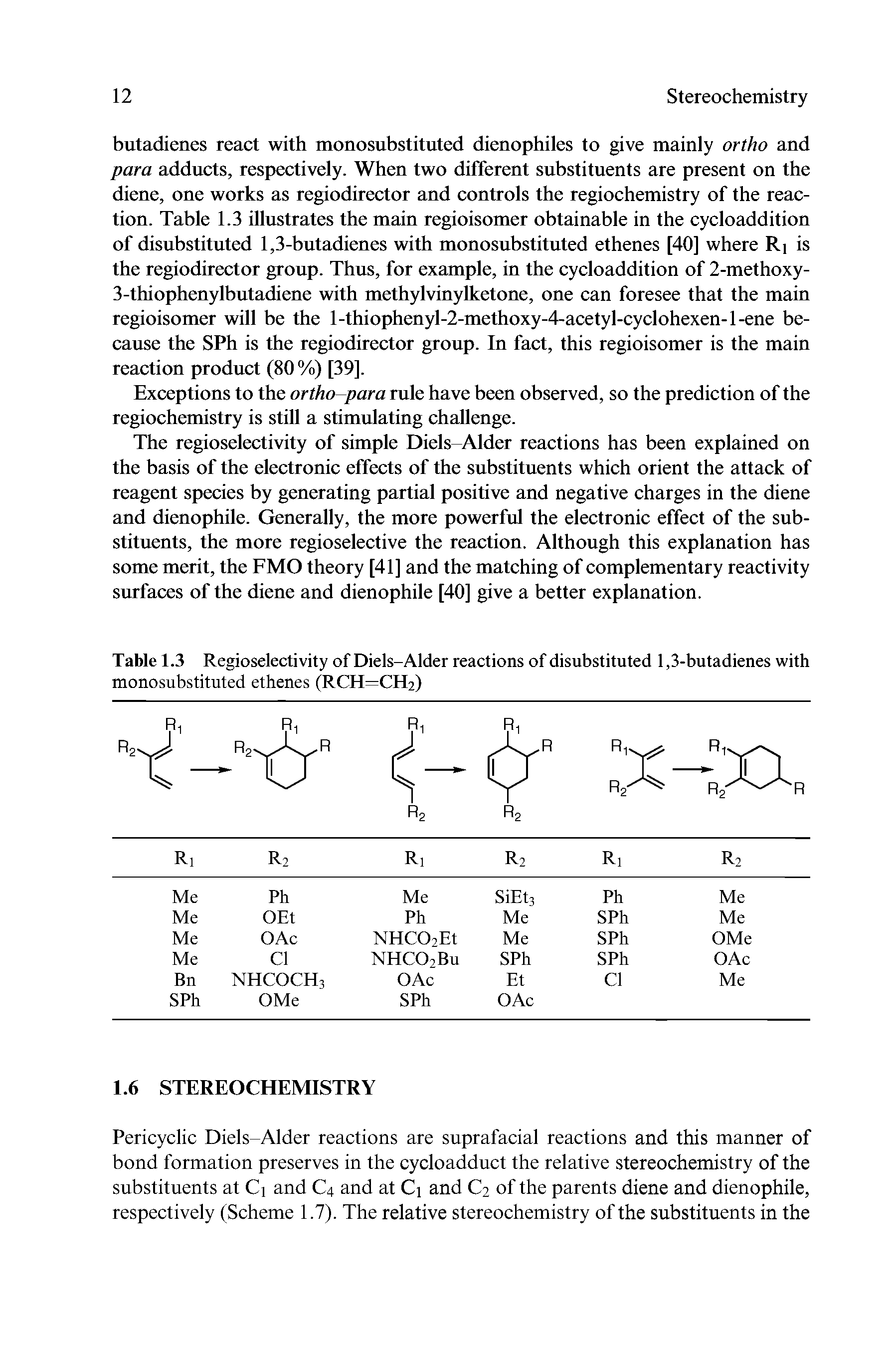 Table 1.3 Regioselectivity of Diels-Alder reactions of disubstituted 1,3-butadienes with monosubstituted ethenes (RCH=CH2)...