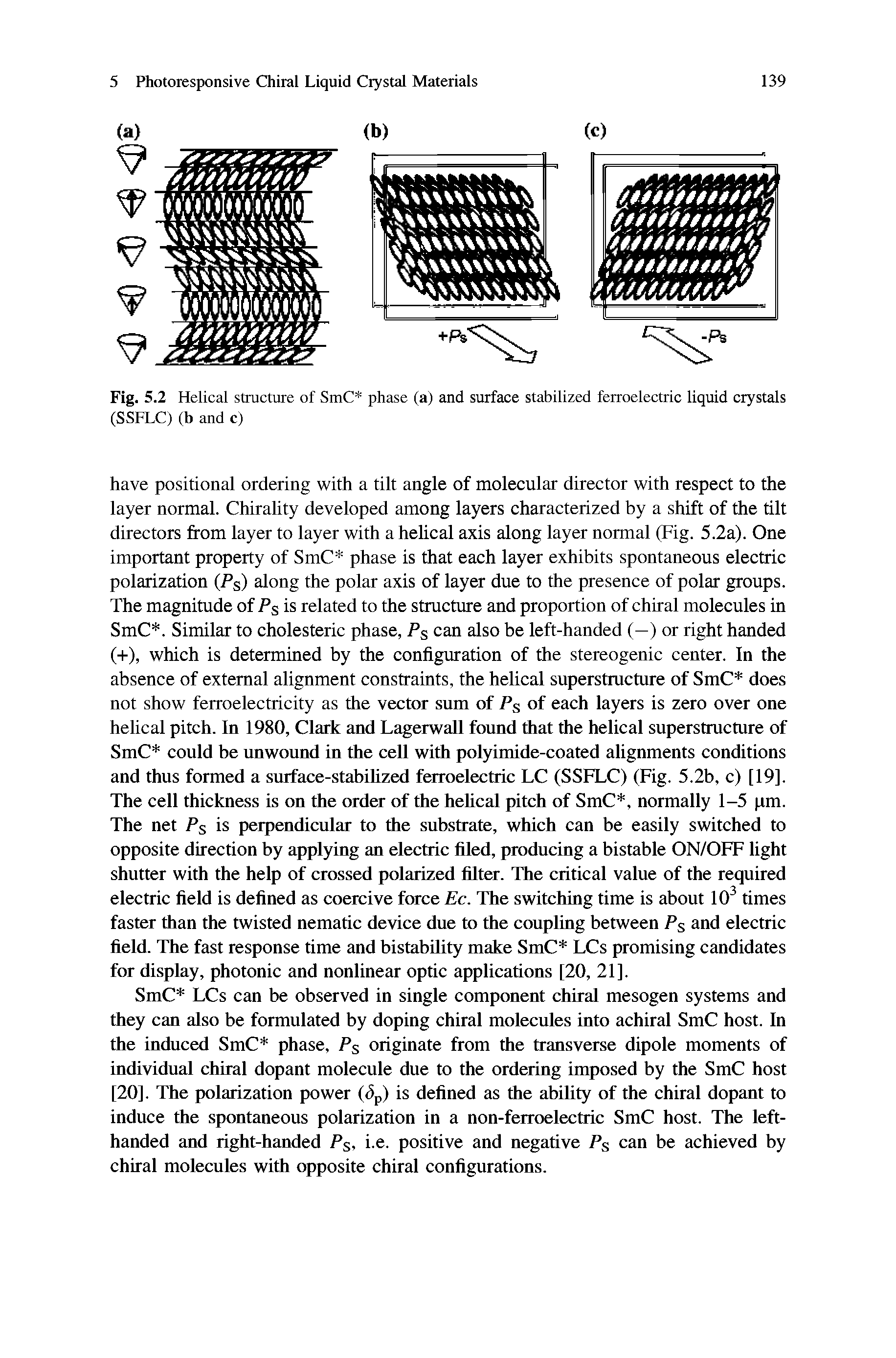 Fig. 5.2 Helical structure of SmC phase (a) and surface stabilized ferroelectric liquid crystals (SSFLC) (b and c)...